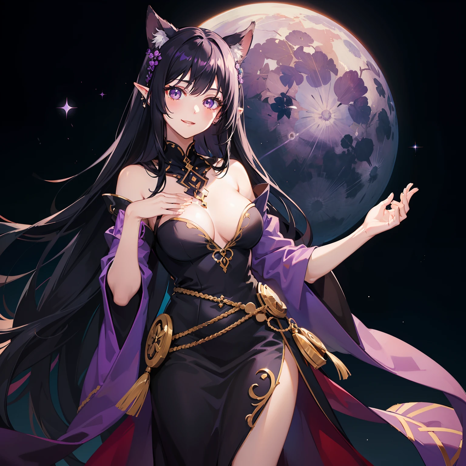 Woman with long purple and black hair, Hide the flower behind the ear. She has a smile and bright black eyes. She stands under the twinkling moon.Detailed hand、detailed finger