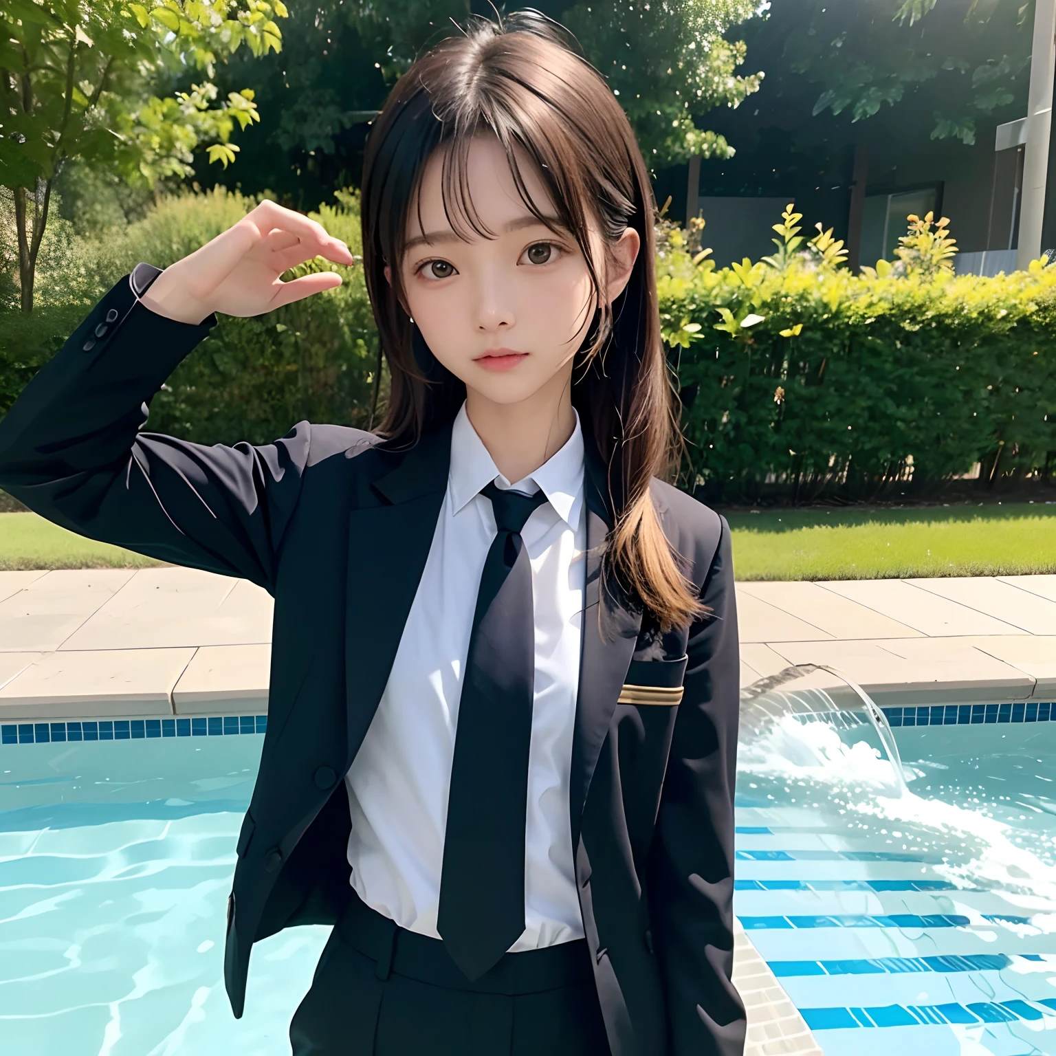 (masutepiece, Best Quality:1.2), 8K, Official art, Full body photo, full body Esbian、Fasten your tie、in poolside、turned around、Suits、Embarrassing black hair、years、small tits、Happy、unbelievable Ridiculous, (Upper body, Dark blue suit:1.4), Beautiful Girl, Pretty Face, arching back down, cute panty、Gold hair ornament on hair、Wearing a cute suit、close up, Wearing a suit, Short sleeve, gardenia, violaceaess, Teen, in poolside, Looking at Viewer, Film grain, chromatic abberation, Sharp Focus, face lights, Dynamic lighting, Cinematic lighting, Eyes and faces with detailed, Bokeh background, (Tie with Emma written on it、1 copy:1.2)