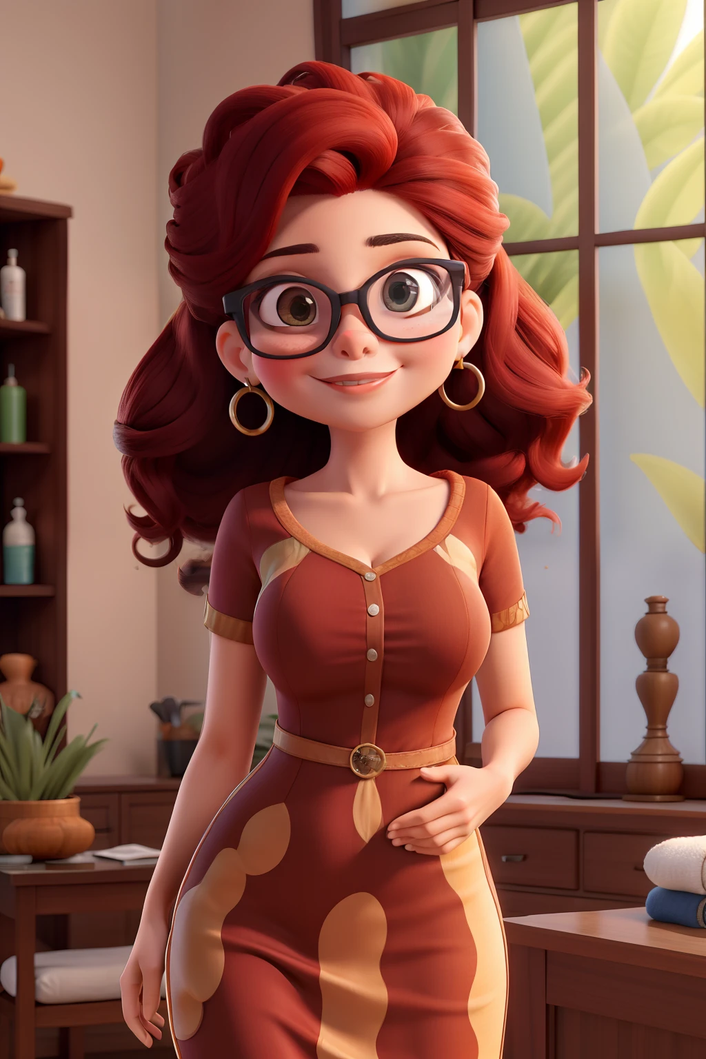cabelos amarrados cacheado , castanhos claros,modern glasses,olhar misterioso,massagem,Mulher brasileira de vestido elegante com poucas sardas