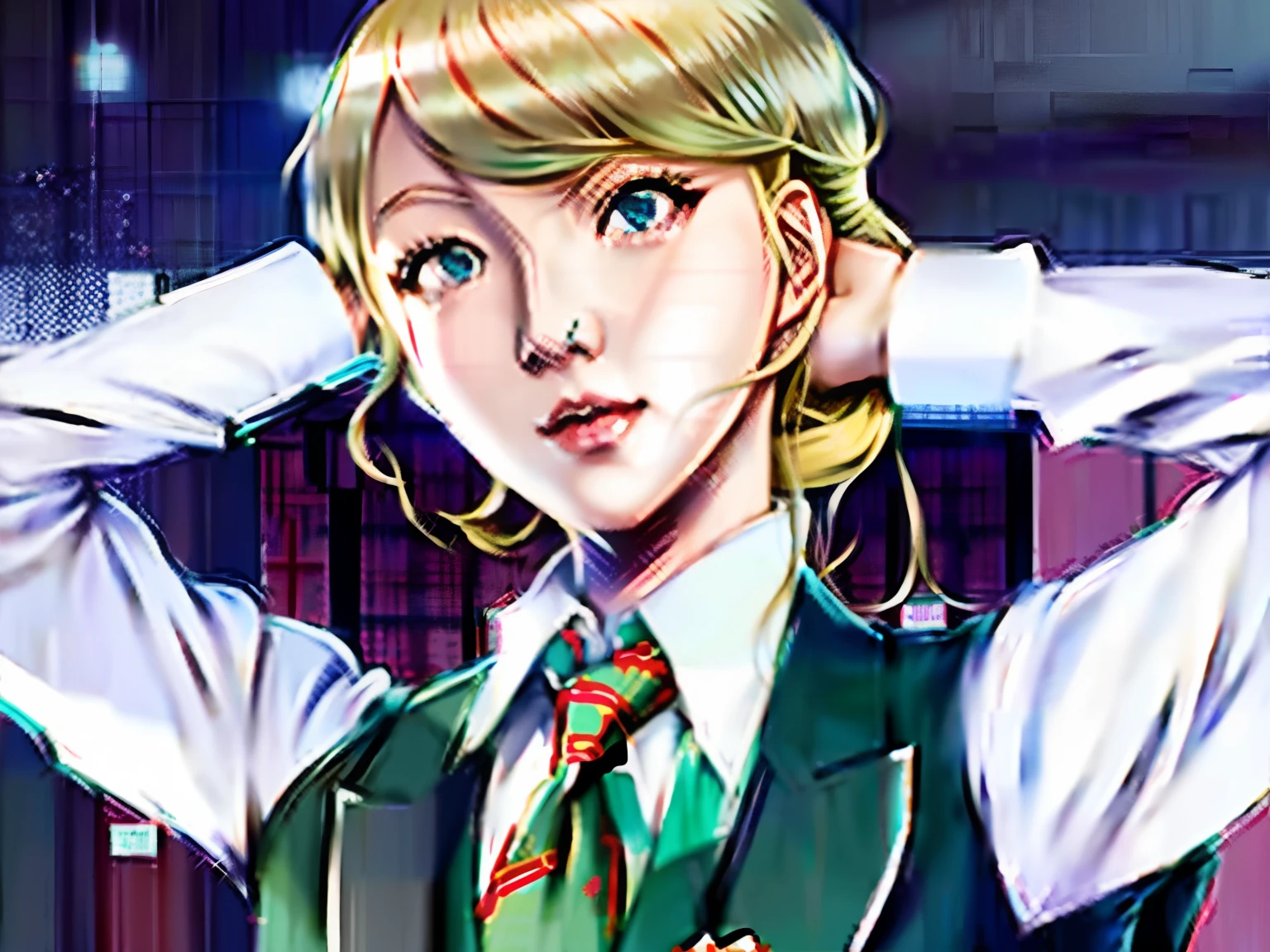 Anime girl with blonde hair and blue eyes in green tie, ann takamaki from persona 5, chiaki nanami from danganronpa, Persona 5 Style, persona art style, persona 5 phantom thief style, rena nounen style 3/4, persona 5 art style, tatsumaki, inspired by Kamisaka Sekka, Female protagonist 👀 :8