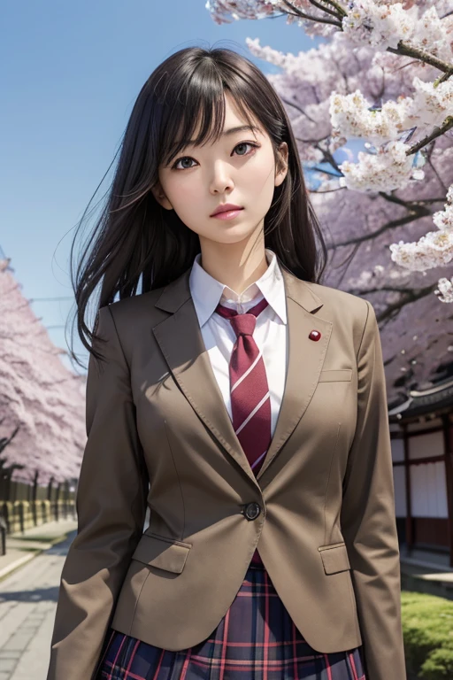 Best Quality、masutepiece、超A high resolution、(Photorealistic:1.4)、adult lady、modeled、long legged、(Thin eyebrows:0.2)、(thin lipss:0.8)、(small nose:0.8)、Appearance without makeup、(japanese hight school uniform:1.2)、Blazer Uniform、neck tie、Plaid mid-length spline skirt、(Looking up at the sky:1.2)、looking at from the front、Spring scenery、cherry trees、japan sightseeing、Hiding the mouth with your hands