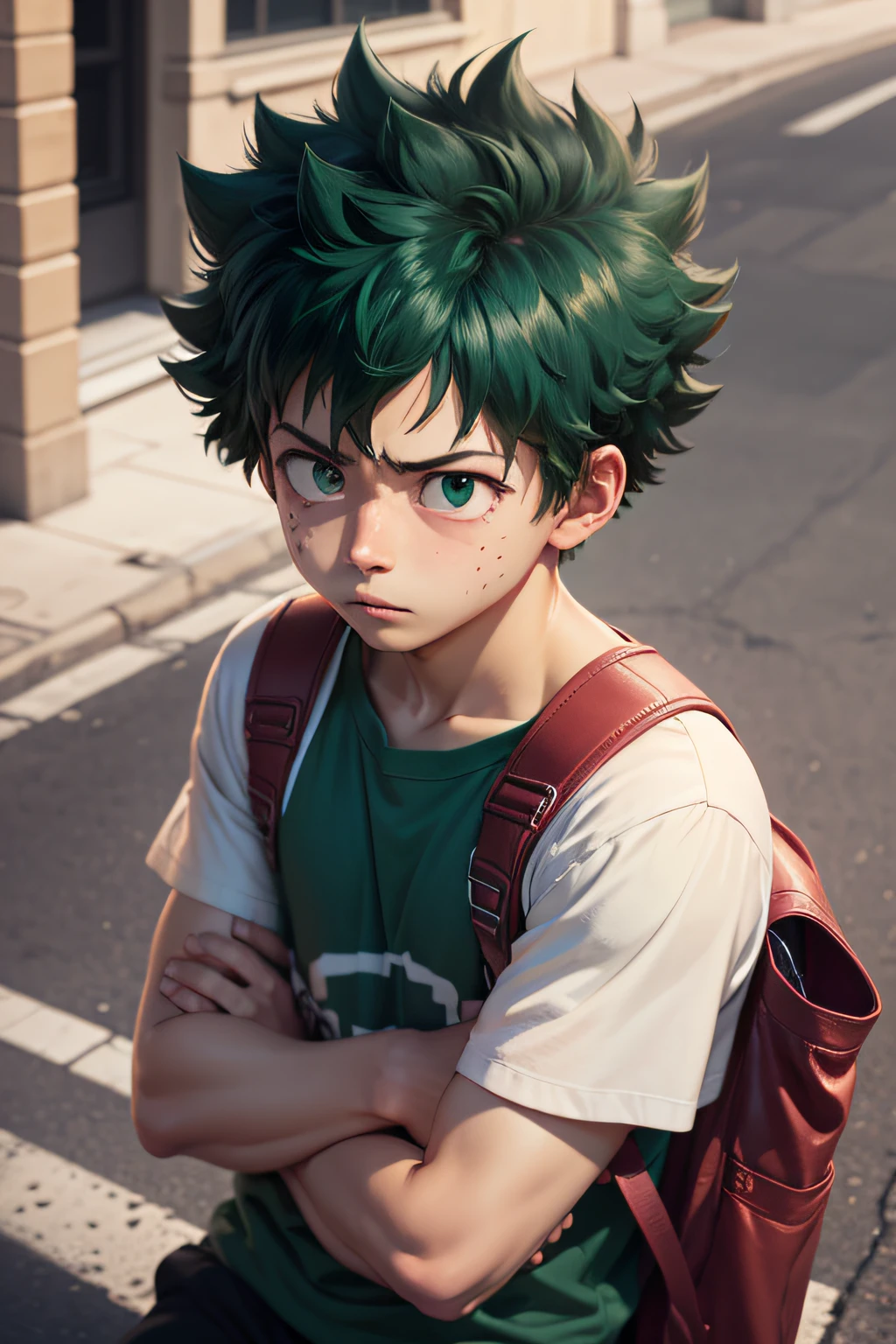 (midoriya_izuku), half body shot, street wear, A handsome boy, frontal, worried,on the street, super high detail, high real, 4K, super detail, anime boy, anime style.