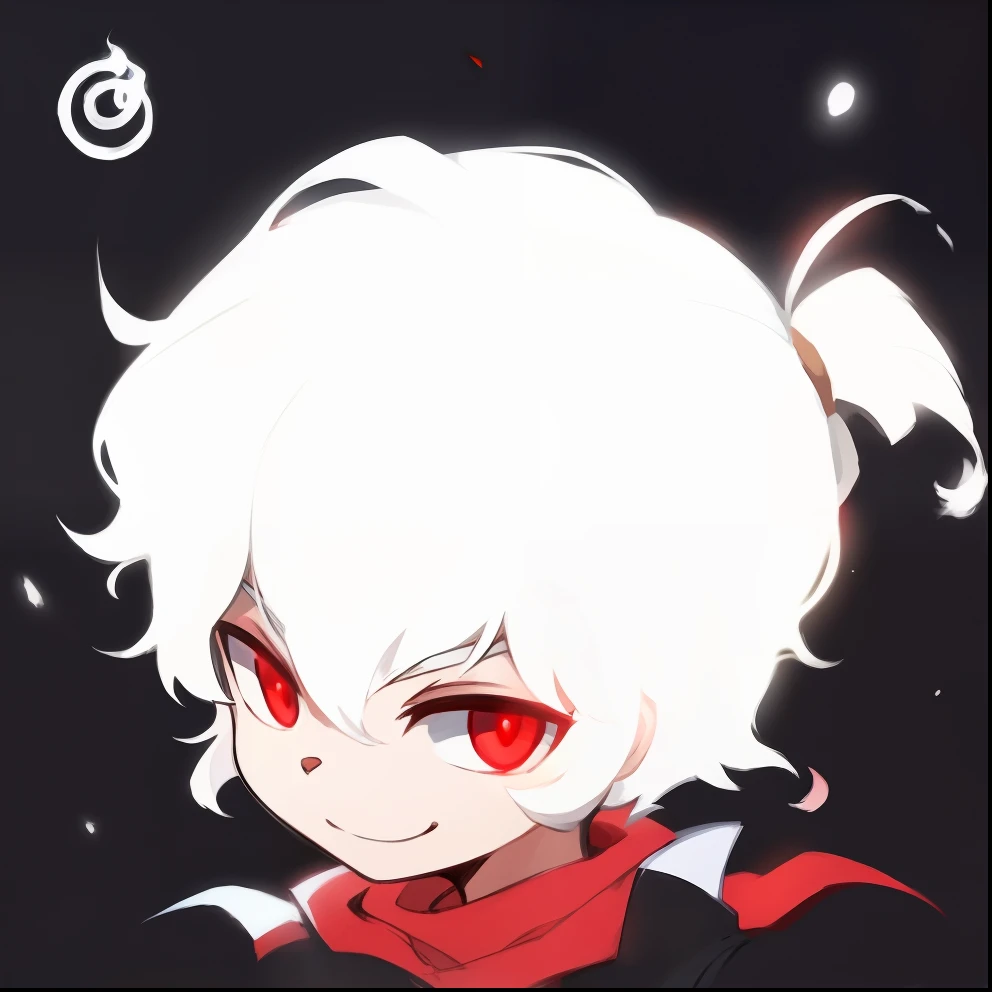 Close up of cartoon character with white hair and red eyes, with light glowing, anime style character, with glowing red eyes, with black background,Flaming hair,A confident smile,shoun