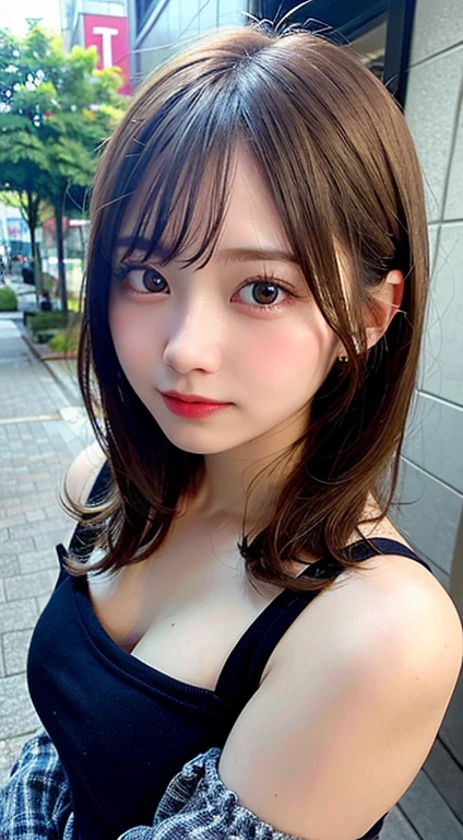 (1 Girl )、(Beautiful Japanese、18years old,round face、Refreshing、clear、seems kind、stylish、Pitiful、cute like an angel、cute、black eyes、(Single eyelid:1.3)、Beautiful skin), {(Japan human face:1.4),(General facial features)} , (((Beautiful breasts:0.4))),(((soft breasts))),(very cute),(short hair),(enchanting eyes),(highlight on eyes:1.2)、(8K、Live shooting、highest quality、masterpiece:1.2、optimal lighting)、((masterpiece)),(Photo taken by a professional photographer),(real、photo real:1.4),BREAK,{(white Tank top shirt), (jean shorts)},(cheeks are red:1.3), BREAK, BREAK,Face shot:1.3、 face close-up,Looking at viewer,lonly face:1.4、Japan、Summer、from above、bus stop,Blue sky, cumulonimbus clouds,(((1970s vibe)))、Hands clasped behind back,dynamic angle