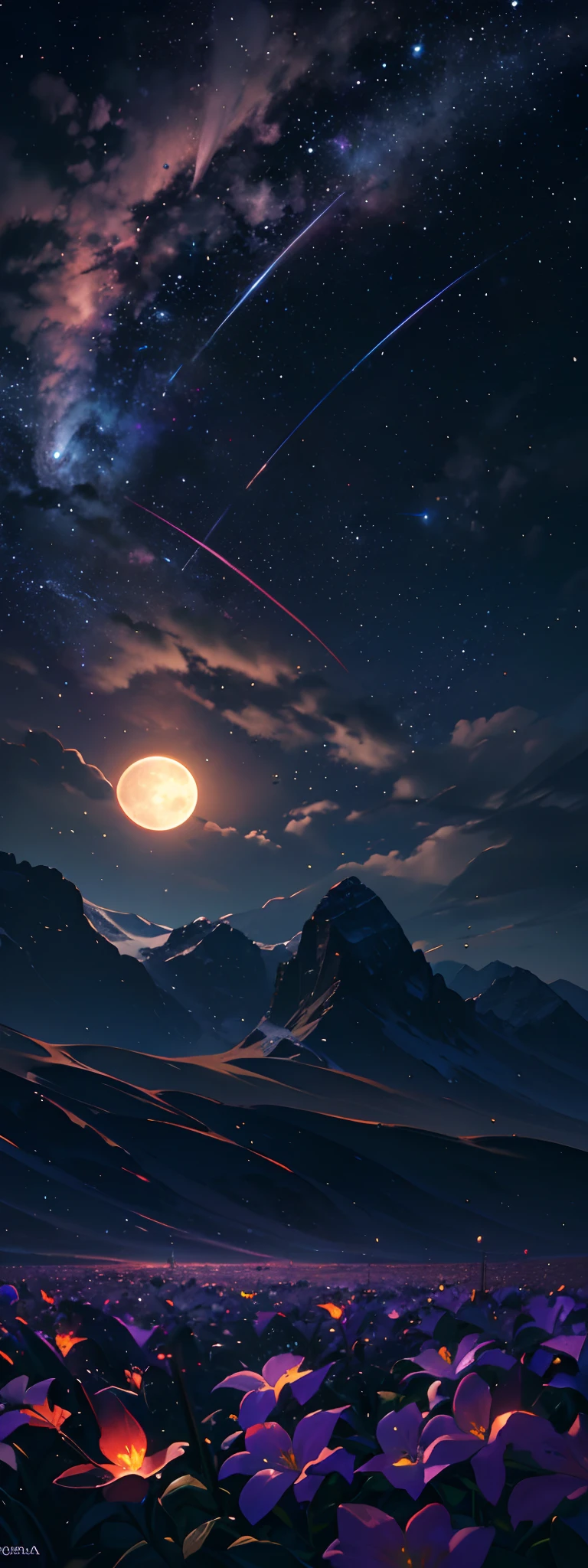 expansive landscape photograph , (a view from below that shows sky above and open field below), a girl standing on flower field looking up, (full moon:1.2), ( shooting stars:0.9), (nebula:1.3), distant mountain, tree BREAK production art, (warm light source:1.2), (Firefly:1.2), lamp, lot of purple and orange, intricate details, volumetric lighting BREAK (masterpiece:1.2), (best quality), 4k, ultra-detailed, (dynamic composition:1.4), highly detailed, colorful details,( iridescent colors:1.2), (glowing lighting, atmospheric lighting), dreamy, magical, (solo:1.2) --auto --s2