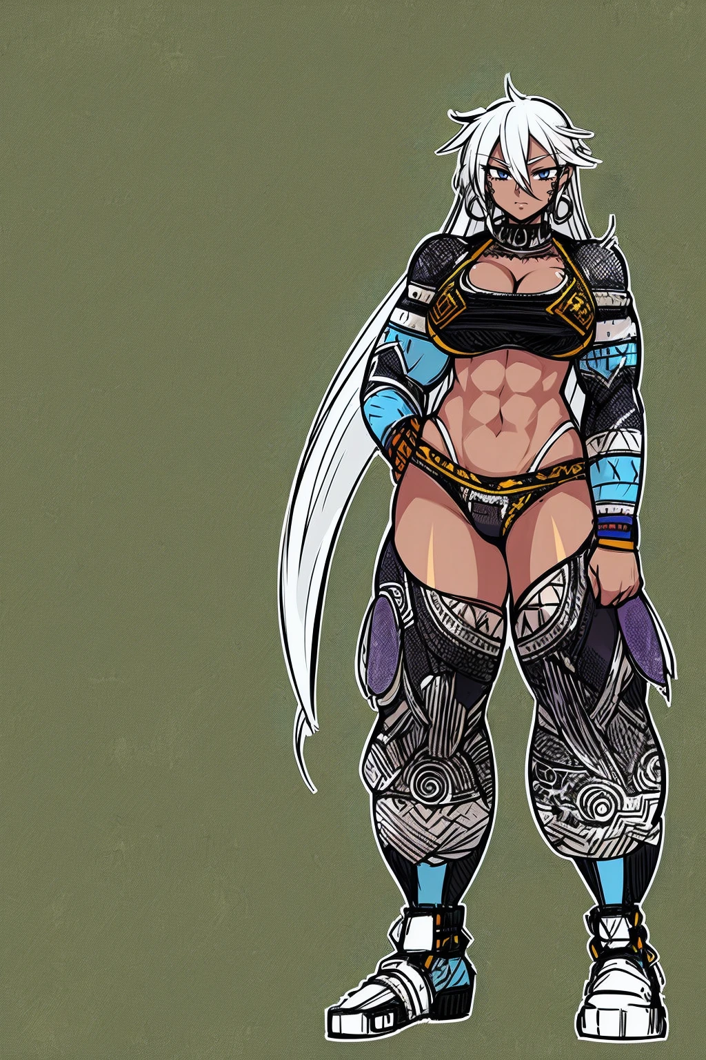 (Selvaria Bles (Valkyria Chronicles) LoRA) ((1girl)) full body, standing, grey skin, drow, elf, mature, detailed happy face, purple eyes, white hair, black bikini, abs, big knockers, golden chain collar, stomach tattoo (red tattoo)