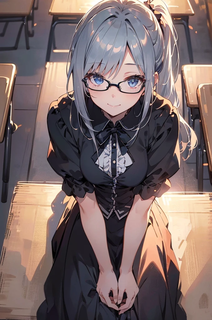 (((Masterpiece))),(((Best quality))),(((Amazing detail))),((illustration)),((A high resolution)),((8K)),((Anatomically correct)),silver long hair,High ponytail,Delicate hair,a matural female,black-frame glasses,Light smile,adjusting eyewear,angle of view,Anime,Depth of field,Classroom Background,Sunset,Soft light,From above,Lens flare