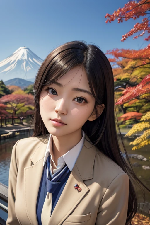 Best Quality、masutepiece、超A high resolution、(Photorealistic:1.4)、adult lady、modeled、long legged、(Thin eyebrows:0.2)、(thin lipss:0.8)、(small nose:0.8)、Appearance without makeup、(japanese hight school uniform:1.2)、Blazer Uniform、neck tie、Plaid mid-length spline skirt、(Looking up at the sky:1.2)、looking at from the front、Autumn scenery、Colored leaves、japan sightseeing、Praying（significant）