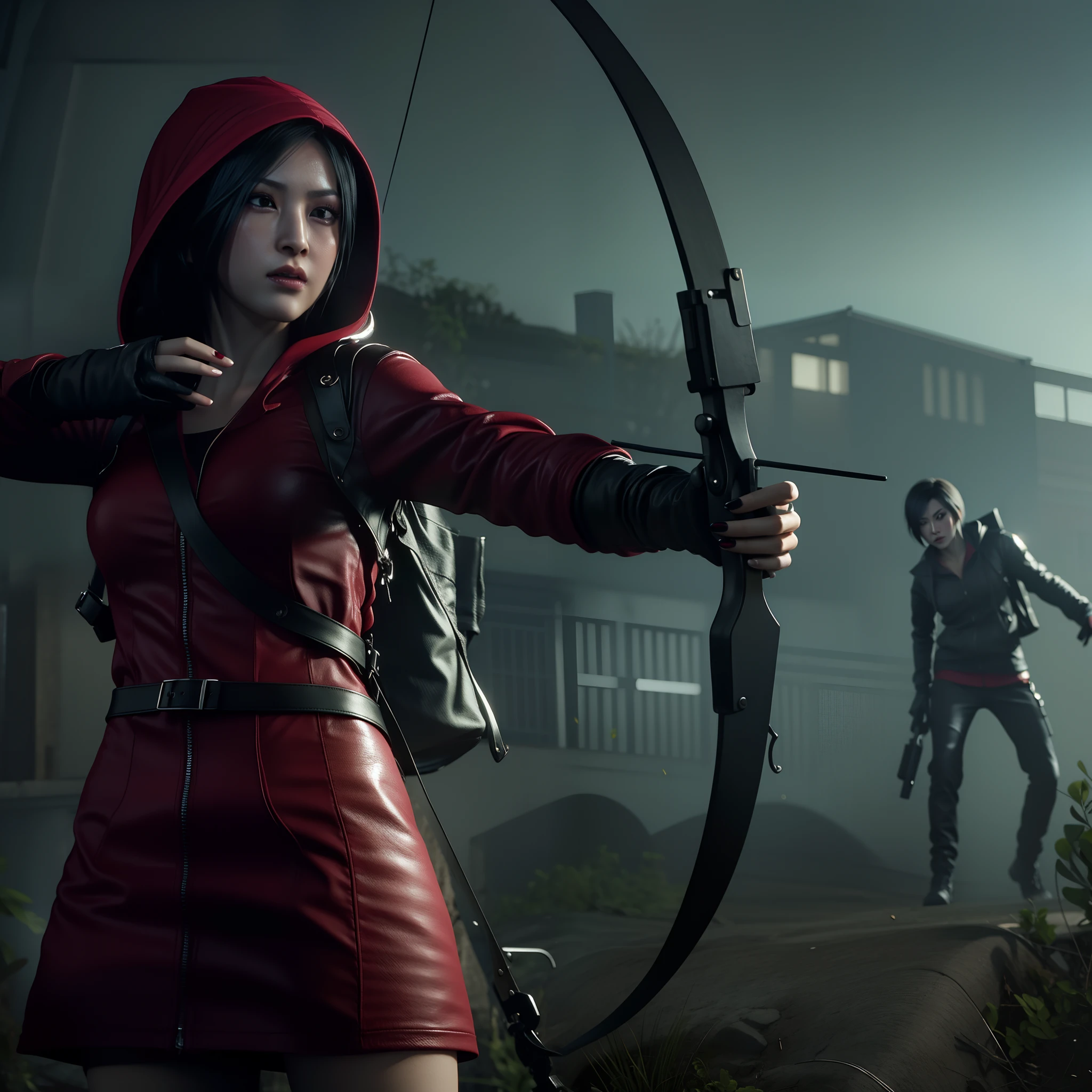 Ada wong, beautiful face, bob hair, perfect Face, wearing mini red dress hoody, wearing hoody, black nail polish, Aiming expression, glare