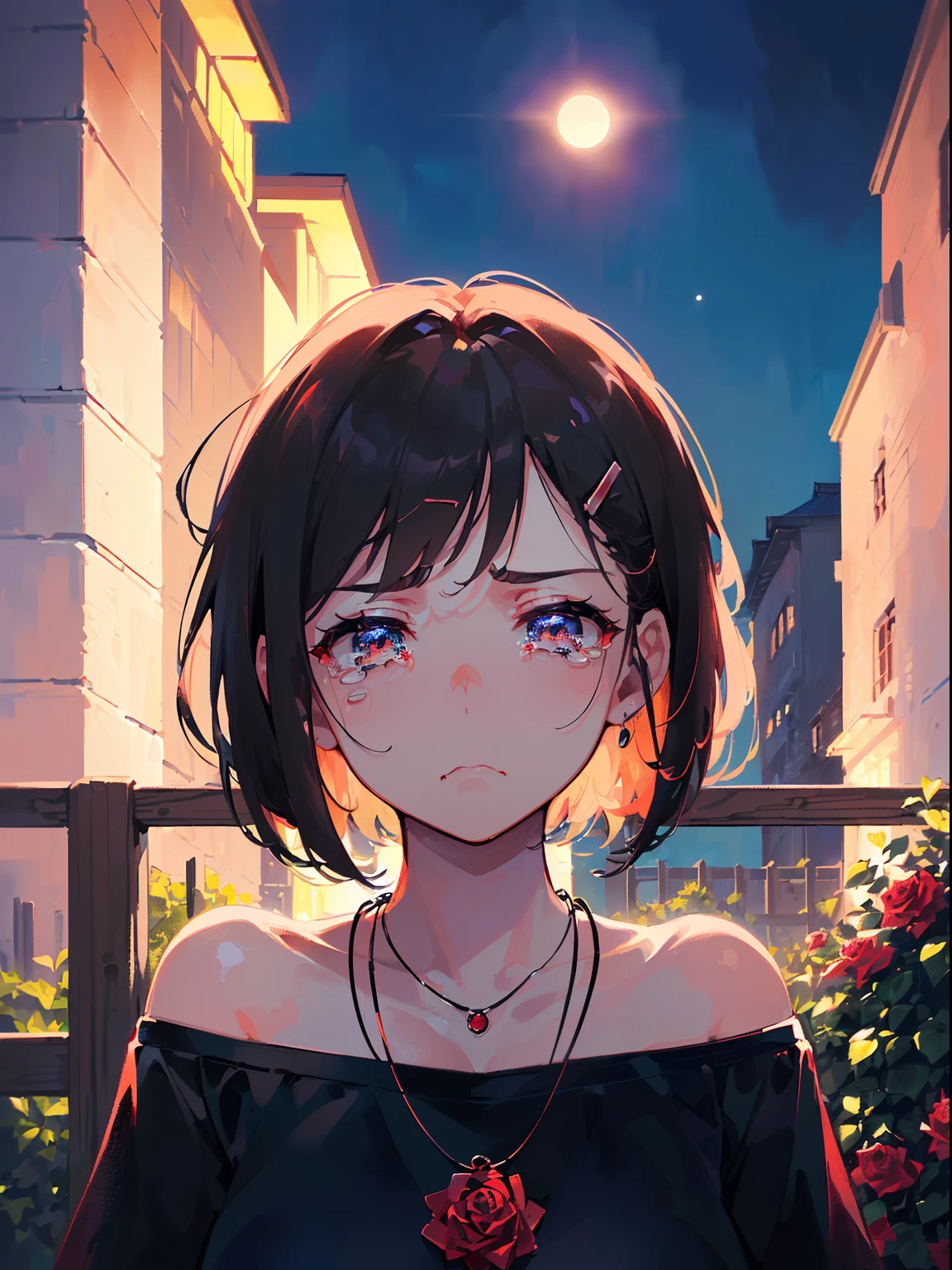 ((((Staring,Slightly sad,tearing,))))((Singing,standing microphones,))(Masterpiece illustration,Beautiful and aesthetic:1.2,Target the audience,From below), Best quality,Top quality, Epic quality,((((Fence wall,Rose,En plein air,))))(Moonlight,Moon glare, god light,))Neat face,underage,mature,Beautiful detailed hair,Brown hair,hyper HD, retinas, Textured skin, A high resolution, 16k ,((hair pin,Steep bangs,side locks,Short hair,Large bow in hair)),Detailed face, 1JK, Lady,Solo, Perfect face, Very amazing girl,((cropped shoulders,Long sleeves,Black T-shirt,frilld,Ruby necklace)),rim-light