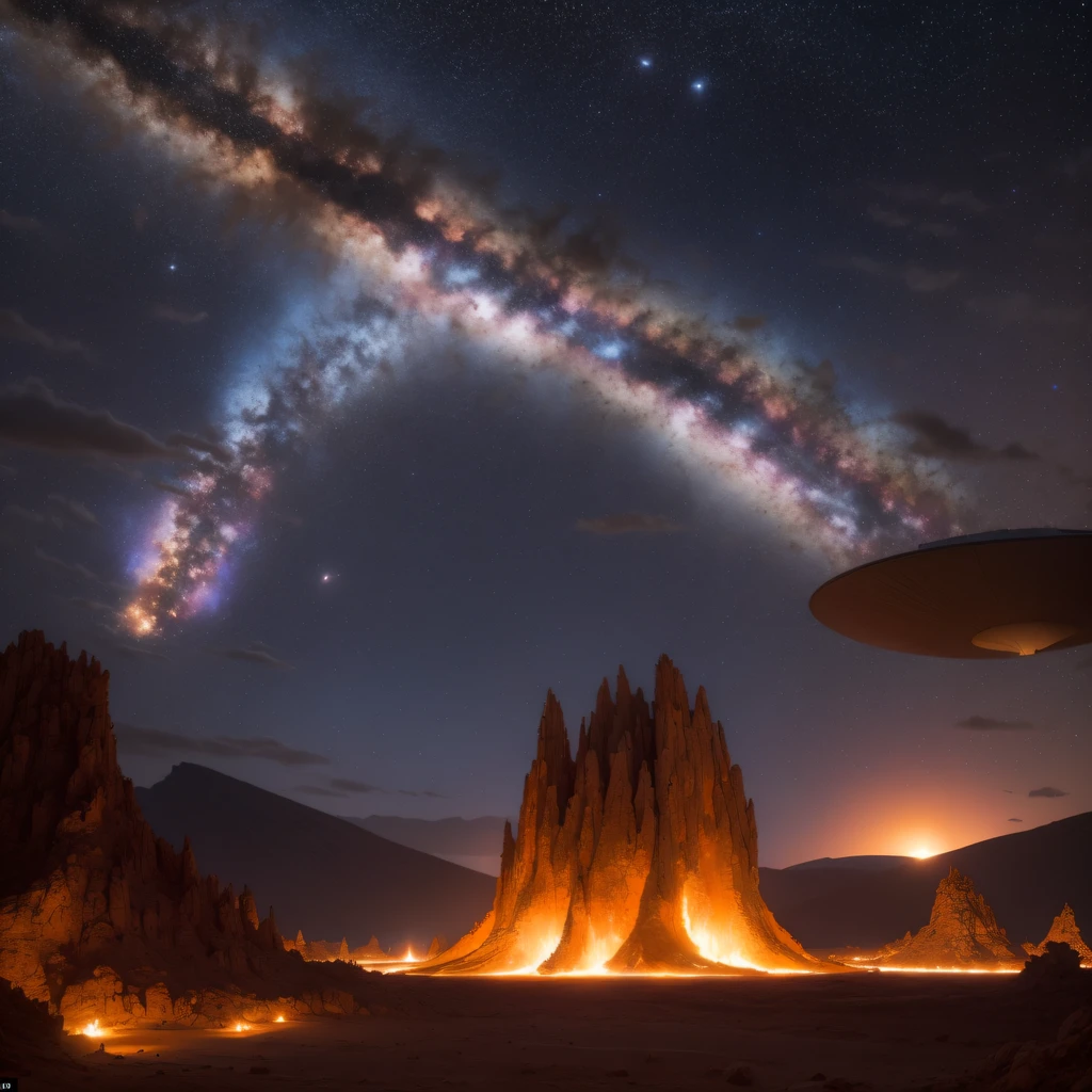 Alien base (Very detailed) In the mountainous desert,There are several exhaust fans and chimneys, Some spotlights come out of the base to illuminate dark places, (Extreme nights), Some clouds in the night sky, Some of the surrounding planets provide air to unknown planets,The farthest giant volcano is erupting