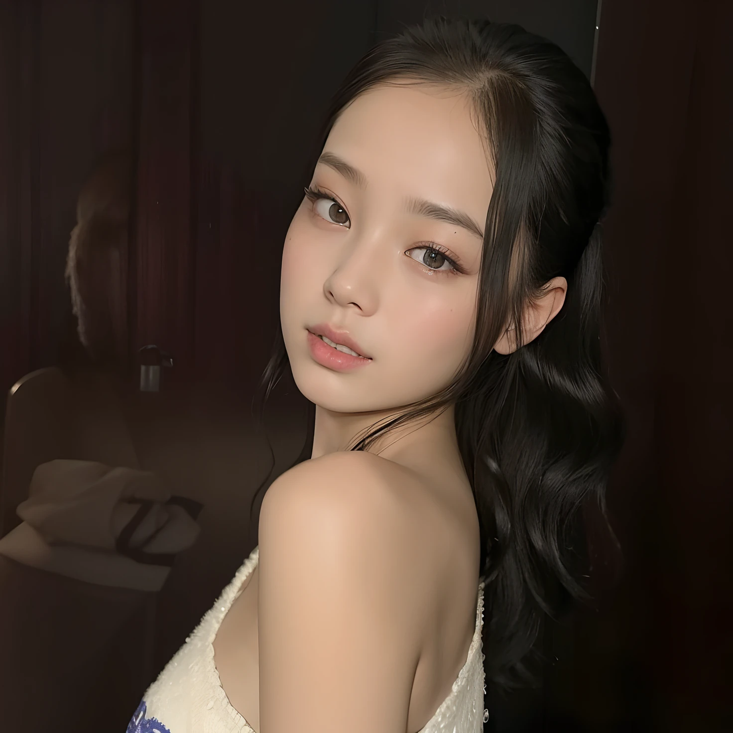 There is a woman who is posing for a photo in a mirror, Xintong Chen, linda mulher coreana jovem, jennie blackpink, 19-year-old girl, a young asian woman, young cute wan asian face, Mulher sul-coreana bonita, mulher coreana jovem bonita, Wenfei Ye, Xision Wu, Sha Xi, ela tem cerca de 1 6 anos de idade