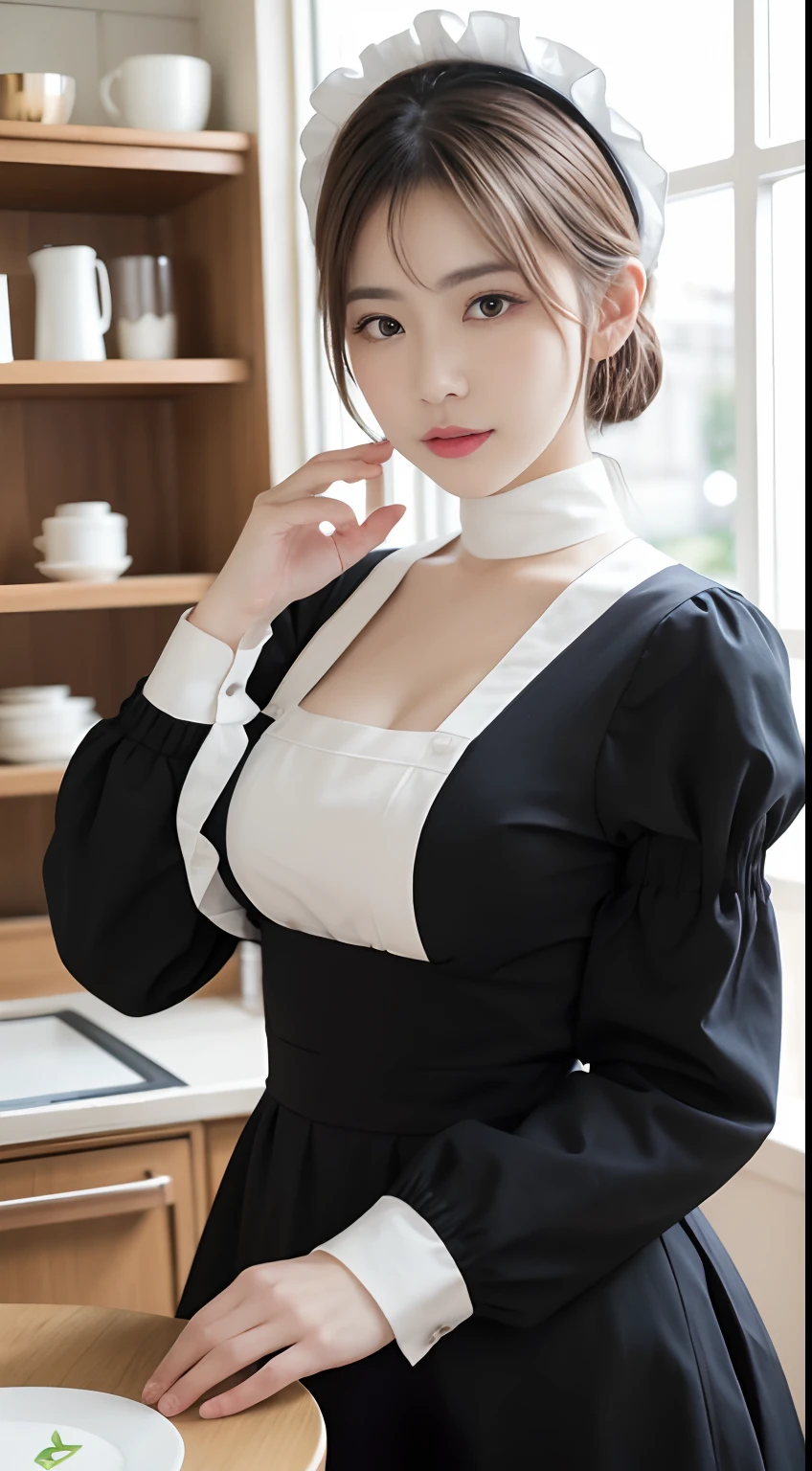 (8K, RAW photography, top-quality, tmasterpiece: 1.2), tmasterpiece, Super detail, 超A high resolution, (realistic and realistic photos: 1.37), high-definition RAW color photography, Extremely Delicately Beautiful, The is very detailed, 8K wallpaper, astounding, detaileds, extremely detailed eye, highlydetailed skin, Extremely detailed fingers, Highly detailed nose, highly detail mouth, perfect anatomia,1girl in, aprons, Black dress, Blurry, The background is blurred out, Blurred foreground, Blush, Braid, Colossal tits, depth of fields, dress, Eyebrows visible through hair, frilld, mitts, hair between eye, Indoors, jewelry, Juliet sleeves, Long sleeves, view the viewer, maid, maid apronl, maid headdress, Puffy sleeves, Short hair, Sitting, Solo, White apron, window, huge boob、乃木坂アイドル、韓国アイドル、hposing Gravure Idol、女優、25 age old、Tall、coffeehouse、dining room、Italy、Americans、Australia,韓国アイドル、乃木坂アイドル、女優、hposing Gravure Idol、