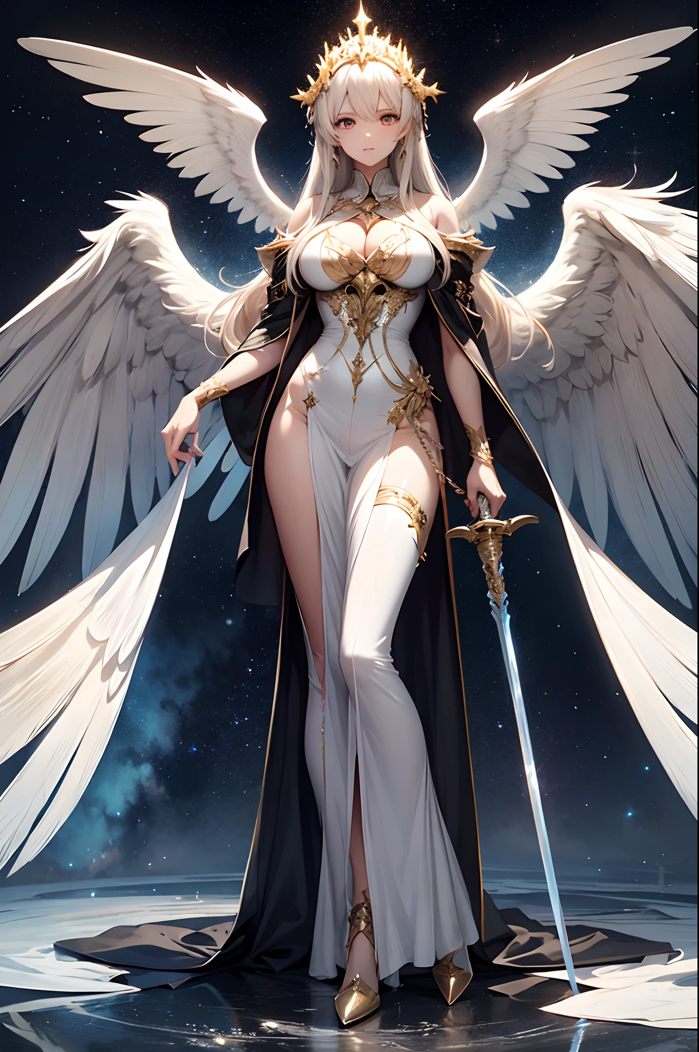 Archangels who shine brightly，Spread your huge wings，see-through transparent clothes，Hold a giant sword，