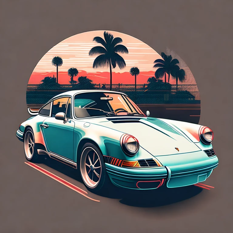Artwork for t-shirt graphic design, a retro graphic design, porsche 911, miami street, soft four color color, vintage pastel tone, highly detailed clean, vector image, realistic masterpiece, professional photography, realistic car, simple car sunrise background, flat black background, isometric, vibrant vector