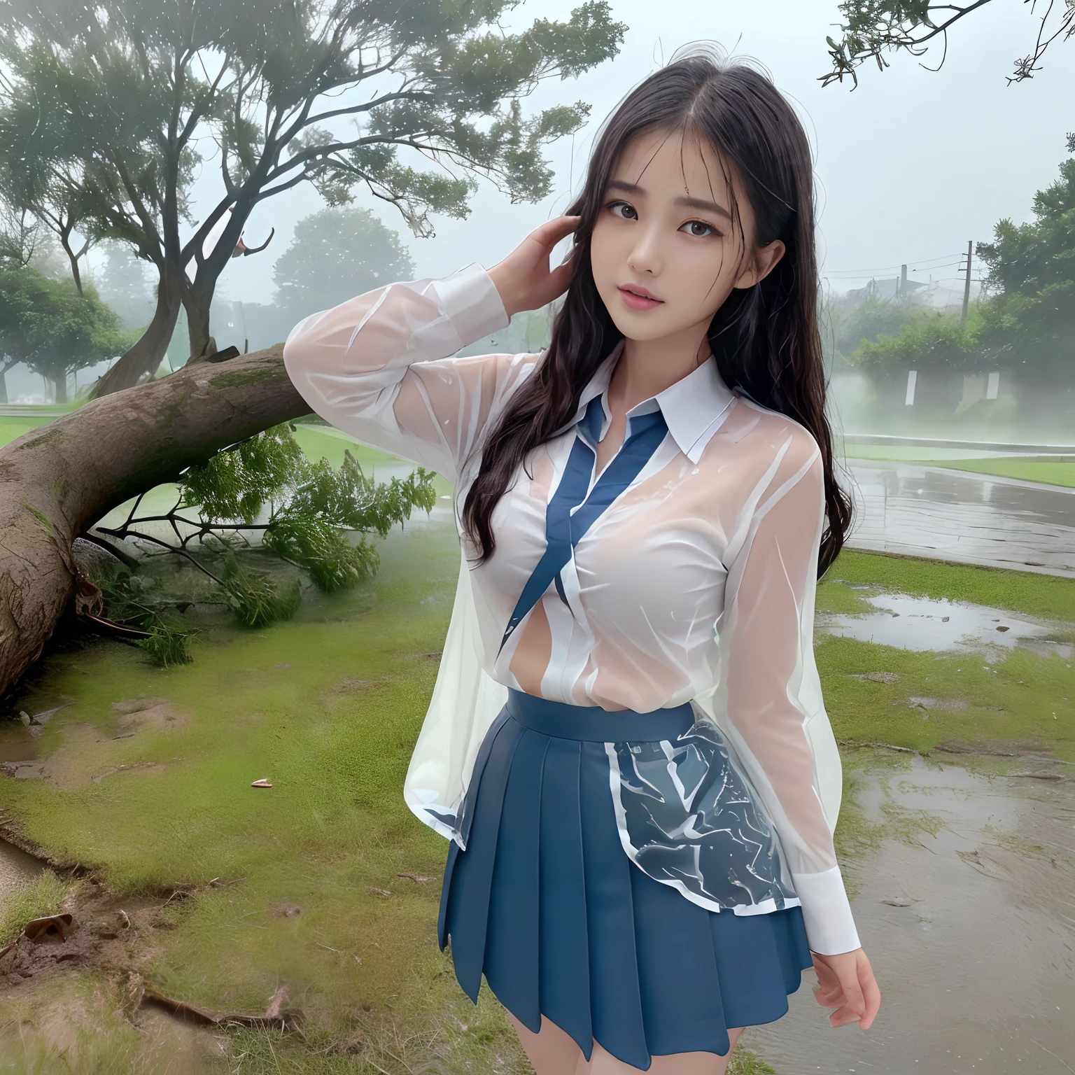 ((Best Quality, masutepiece, 超A high resolution、The most complex and detailed depictions)),((1 photorealistic school girl、Faces close、Complex and detailed facial depictions))、((is standing、Standing、perfect bodies、face perfect、A detailed face))、((Uniforms covered in water all over the body))、((Ground cracking、Cracked ground、Severely cracked ground、Large cracks appear in the ground、Ground trap、There are large cracks in the ground))、((during daytime、perfect anatomia、Looking at the camera、The background is the schoolyard))、((perfect bodies、perfect hand、perfect leg))、((The most realistic rain and water droplets))、((One giant lightning bolt))、((Lightning in the sky))、((Very heavy rain))、((Ōlan))、((The whole body is drenched))、The background is the schoolyard、((Wet white uniform shirt))、((It's unbelievably soaked))、(((Real rain)))、The perfect texture of a wet shirt、(((Very intense realistic rain)))、The perfect texture for wet hair、((Drenched hair))、Wet hair sticks to the face、((very wet hair))、((wet and disheveled hair))、((Uniforms soaked all over))、The skin is faintly visible from the top of the clothes、Wet and see-through skin、((Perfect texture down to the smallest detail of wet clothes))、Countless water droplets adhere to the body、((Underwear that can be seen through the top of clothes))、((Perfectly expresses the texture of soaked hair))、Wet and shiny hair、((Wearing a dark blue wet skirt))、it is raining heavily、((Very complex and realistic lightning))、((She looks at me))、((Lightning flashes、drenching、bao phan、Ōlan、Fallen tree in the background、Rubble on background))