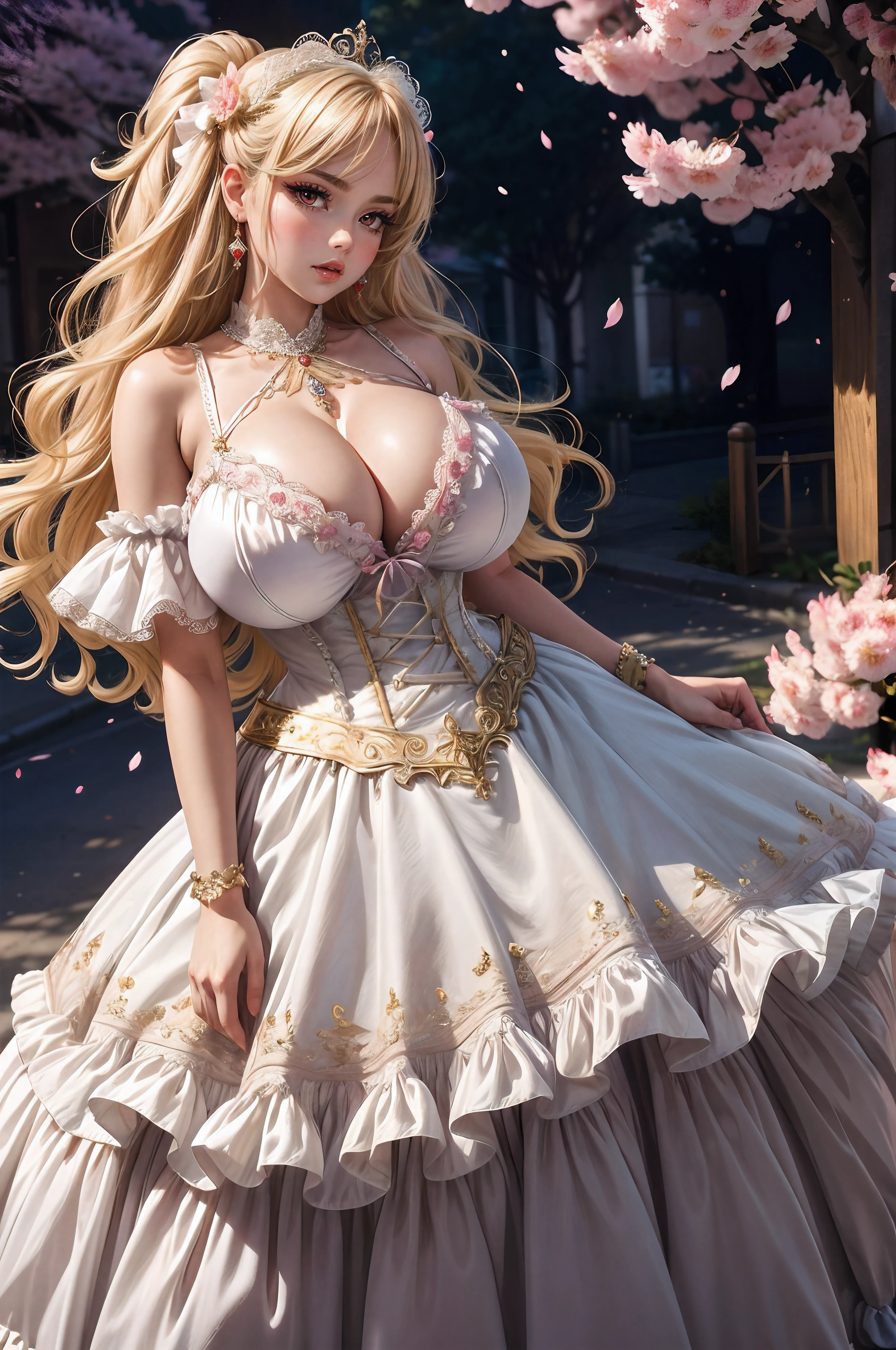 (Voluptuous:1.4),(gigantic breasts:1.8),((Very Beautiful Blonde Milf)),(((arms behind back))),((full body)),(((1 Adult mature princess in fancy lolita dress with voluminous full length hoop skirt))),((standing in street)),(bling-bling gorgeous gemstone jewelry),detailed mature face and eyes, tsurime,((,extremely voluminous Very Long blonde Hair)),(gorgeous embroidery and lace),cleavage,gorgeous corsage,See-through,((extremely gorgeous lolita hair ornament)),bling-bling extremely gorgeous jeweled tiara,ornate ruffles,beautiful embroidery,(hoop skirt,crinoline),((cherry blossoms, cherry blossom petals flowing)),((Dynamic Angle)),Looking at viewer,((full body)),sweet lolita dress with voluminous full length hoop skirt, ((anime artstyle)),(Masterpiece),(Best Quality), (Super Detail), arms behind back,