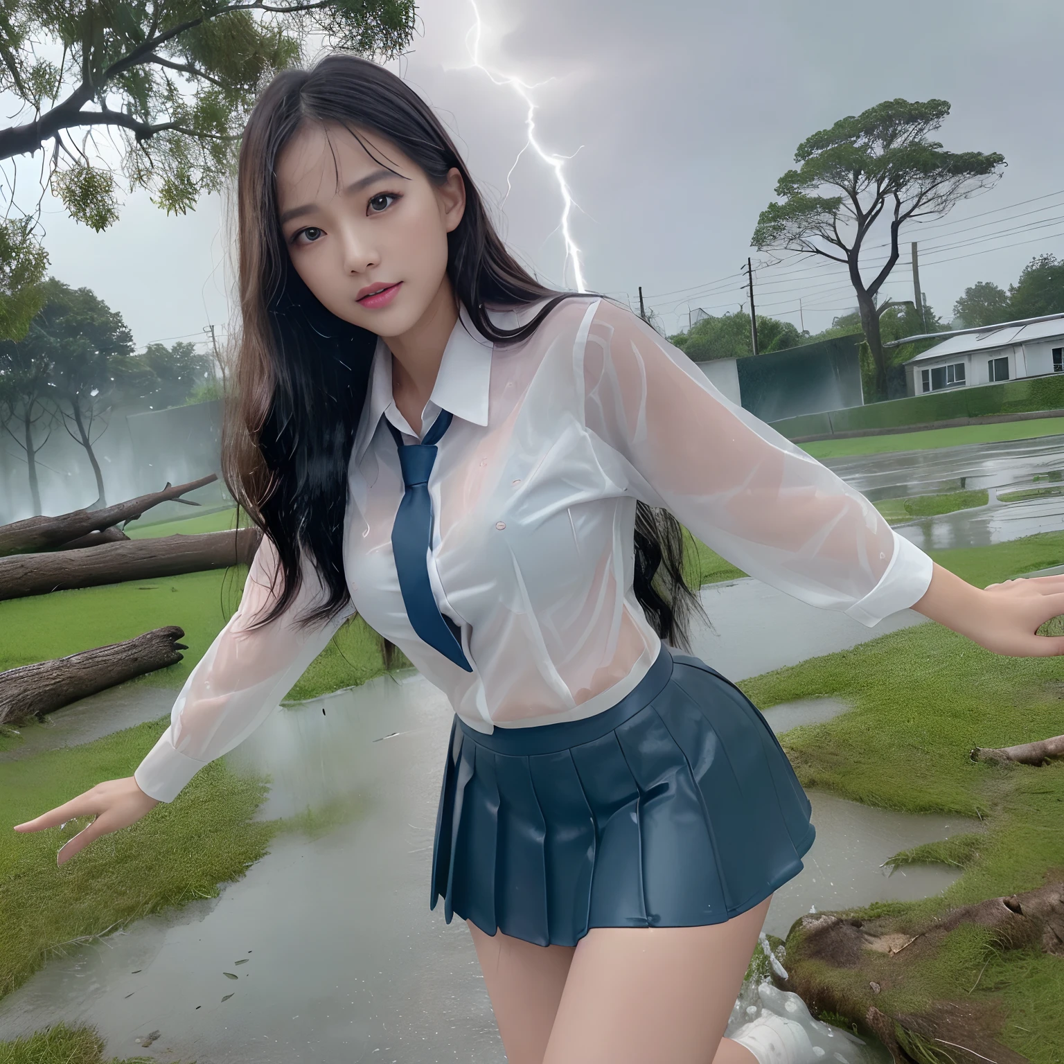 ((Best Quality, masutepiece, 超A high resolution、The most complex and detailed depictions)),((1 schoolgirl、Wet white uniform shirt、The perfect texture of a wet shirt、Complex texture of wet clothes、The perfect texture for wet hair、Perfect texture down to the smallest detail of wet clothes、Wet white shirt、Perfect water drop texture、Underwear that shows through naturally、Wet and naturally sheer underwear、Perfectly depict the texture of drenched hair、Complex and detailed water drop texture、Perfectly depict water droplets、Red ribbon on chest、Wearing a dark blue wet skirt、Wet High School Uniform))、it is raining heavily、stormy、bao phan、strong wind blowing、Very heavy rain、((Lightning flashes、Lightning、Thunderbolt、Very complex and realistic lightning、Thunderbolt、Lightning glow、Big thunder、a dark night、feeling of despair、heavy wind、Giant Thunder、Pale lightning))、Looking at the camera、((Sit with your arms on the ground、Sit with your feet on the ground、Sit up straight on the ground、Sit on the ground))、He looks up at me、soaked body、((sodden、The skin is faintly visible from the top of the clothes、Wet and see-through skin、Underwear that can be seen faintly from the top of the clothes、Pink underwear that can be seen faintly from the top of the clothes))、Sad face、Face of fear、Looks cold、face that seems to cry、Alone in the city、((very wet hair、Very wet uniforms))、((Lightning flashes、drenching、bao phan、Ōlan、Fallen tree in the background、Rubble on background))、fallen wood、rubble、whole body soaked