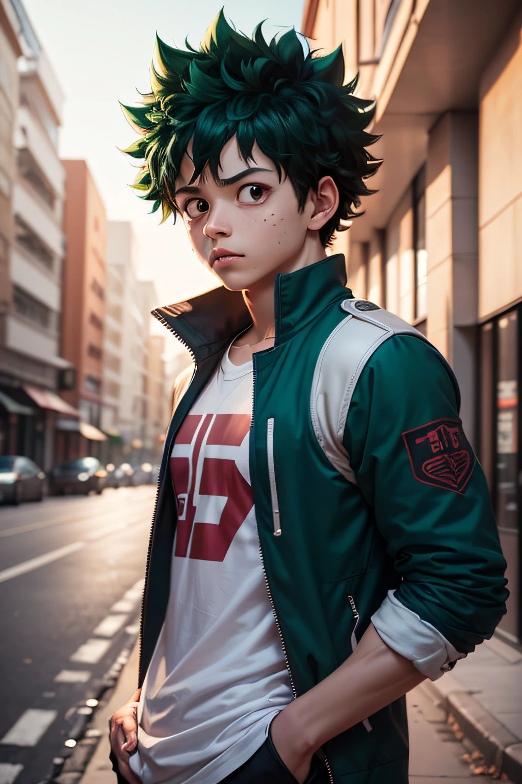 (midoriya_izuku), half body shot, street wear, A handsome boy, frontal, worried,on the street, super high detail, high real, 4K, super detail, anime boy, anime style.