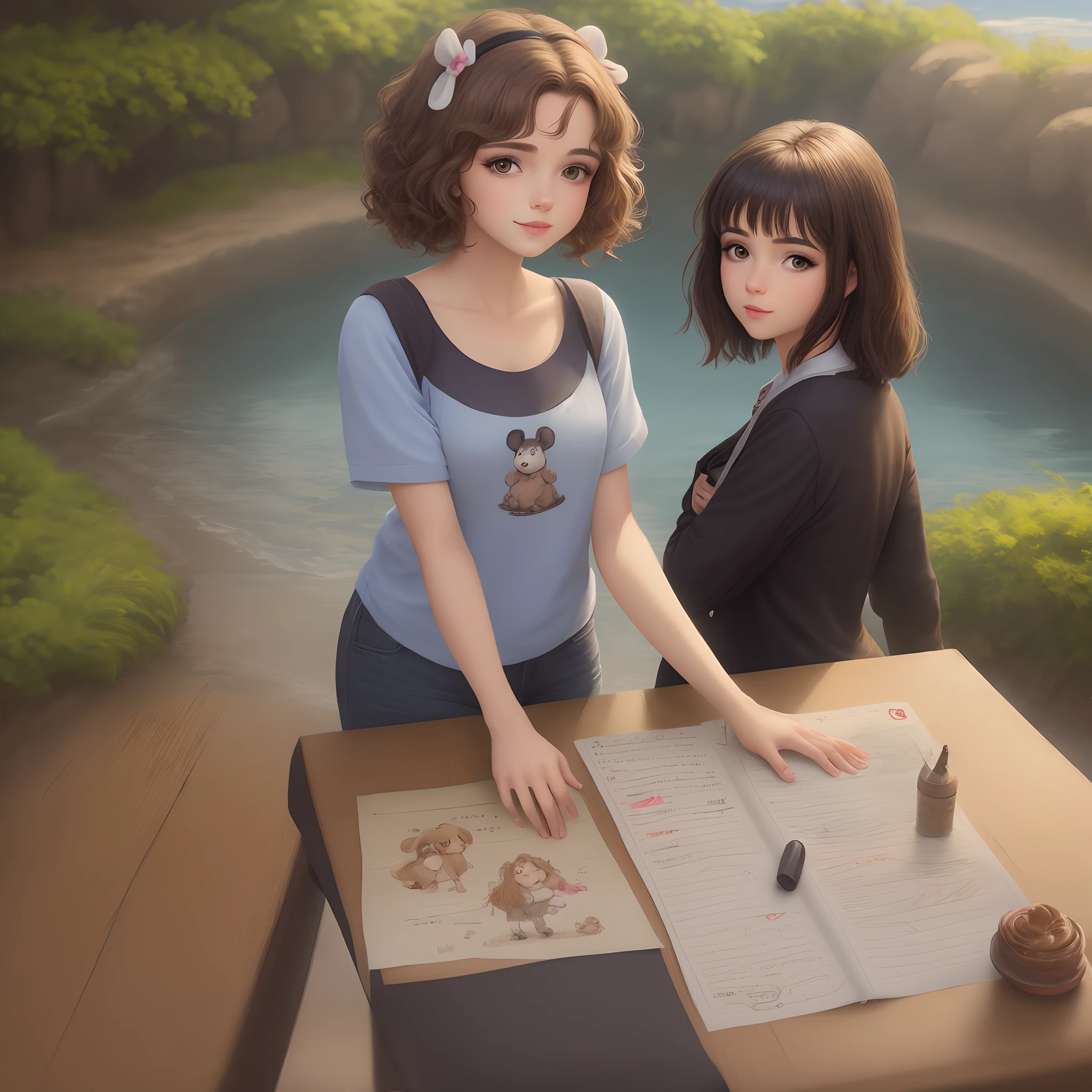 Menina de brusa listrada roxa e preto cabelo preto longo com orelha de coelho roxa  , o desenho no estilo Disney