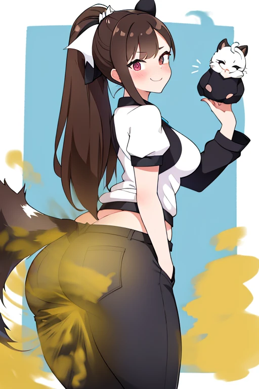 Beautiful teacher woman in big tail skunk costume with black and white pattern、Fart with your butt sticking out through your pants Beast ears on the head smile The tail is growing Brown-haired ponytail Wearing a skunk hand puppet in his left hand