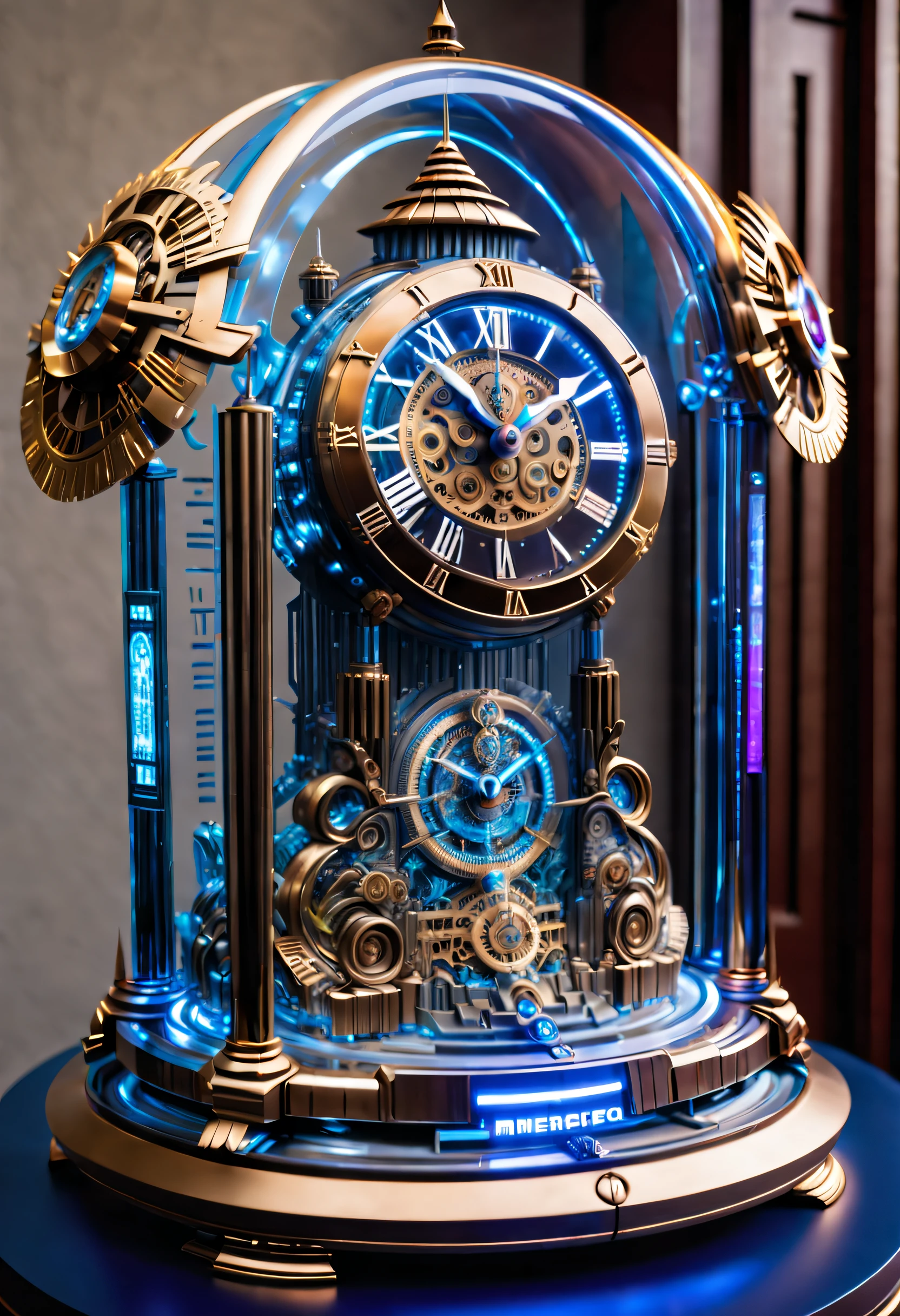The clock of the future, (Except for the clock,Nothing),(No Man), (An intricate futuristic clock made by Megatron's mecha,The head of the Megatron mech is engraved on the clock,The entire clock is made of titanium and crystal glass construction,The sense of sci-fi is from start to finish,Details with metallic ice texture,Mechanical technology process manufacturing of the future,metallic luster,Icy mechanical line beauty, Unix terminals, Mono Color, Clean user interface with high contrast, Concise background,Clock Ads,Time Lord's clock), Colorful colorful, luxury goods,(Positive image, product-view), 独奏,(in a panoramic view),(tmasterpiece), high qulity,1.4 times real, Simple icons, art stations,clock,IvoryGoldAI, (Conceptual art, Ghibli-like colours, Hyperrealism, UHD, masterpiece, ccurate, anatomically correct, super detail, award winning, best quality, highres, 8k,The picture is bright,Global illumination,high saturated)