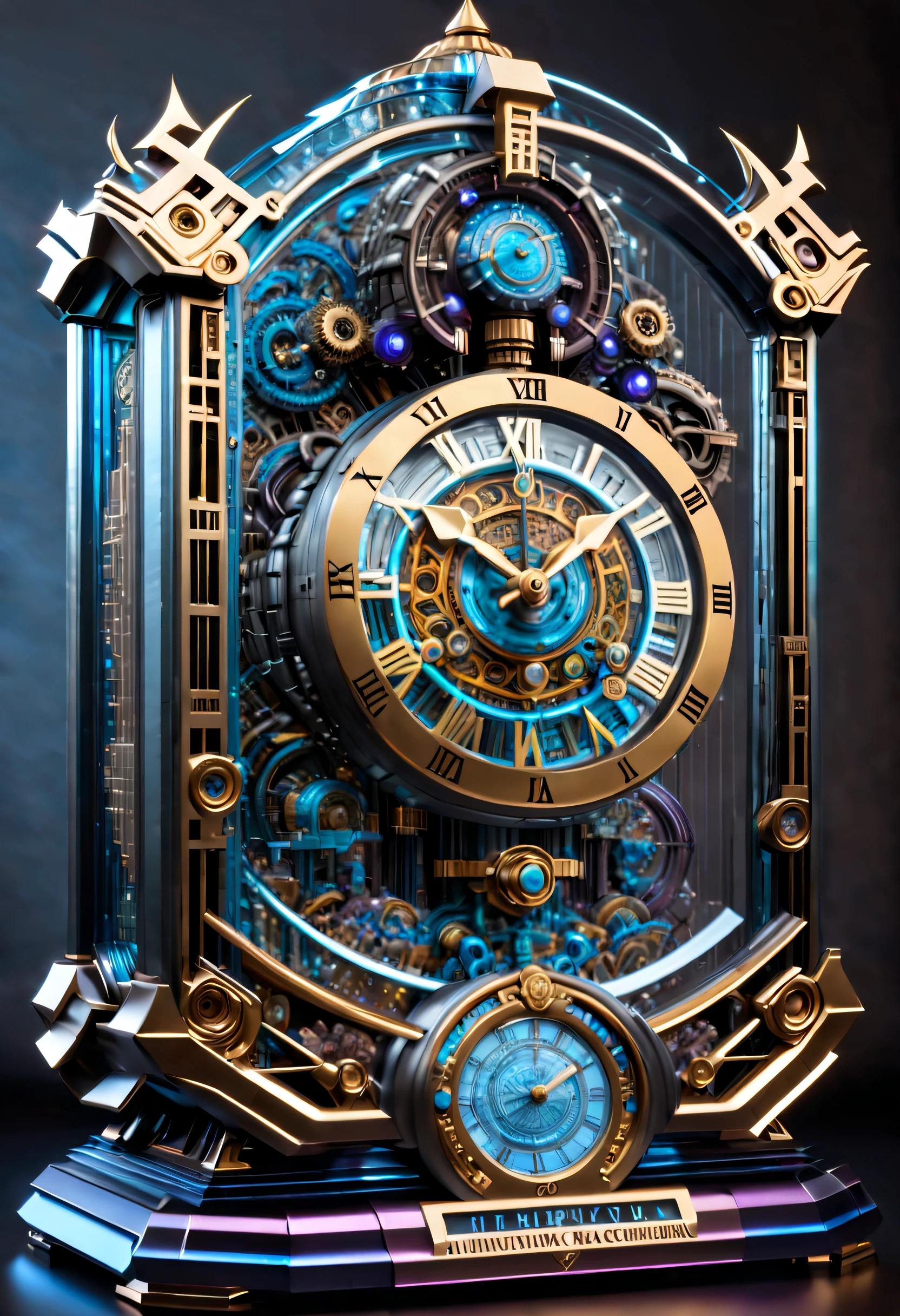 The clock of the future, (Except for the clock,Nothing),(No Man), (An intricate futuristic clock made by Megatron's mecha,The head of the Megatron mech is engraved on the clock,The entire clock is made of titanium and crystal glass construction,The sense of sci-fi is from start to finish,Details with metallic ice texture,Mechanical technology process manufacturing of the future,metallic luster,Icy mechanical line beauty, Unix terminals, Mono Color, Clean user interface with high contrast, Concise background,Clock Ads,Time Lord's clock), Colorful colorful, luxury goods,(Positive image, product-view), 独奏,(in a panoramic view),(tmasterpiece), high qulity,1.4 times real, Simple icons, art stations,clock,IvoryGoldAI, (Conceptual art, Ghibli-like colours, Hyperrealism, UHD, masterpiece, ccurate, anatomically correct, super detail, award winning, best quality, highres, 8k,The picture is bright,Global illumination,high saturated)