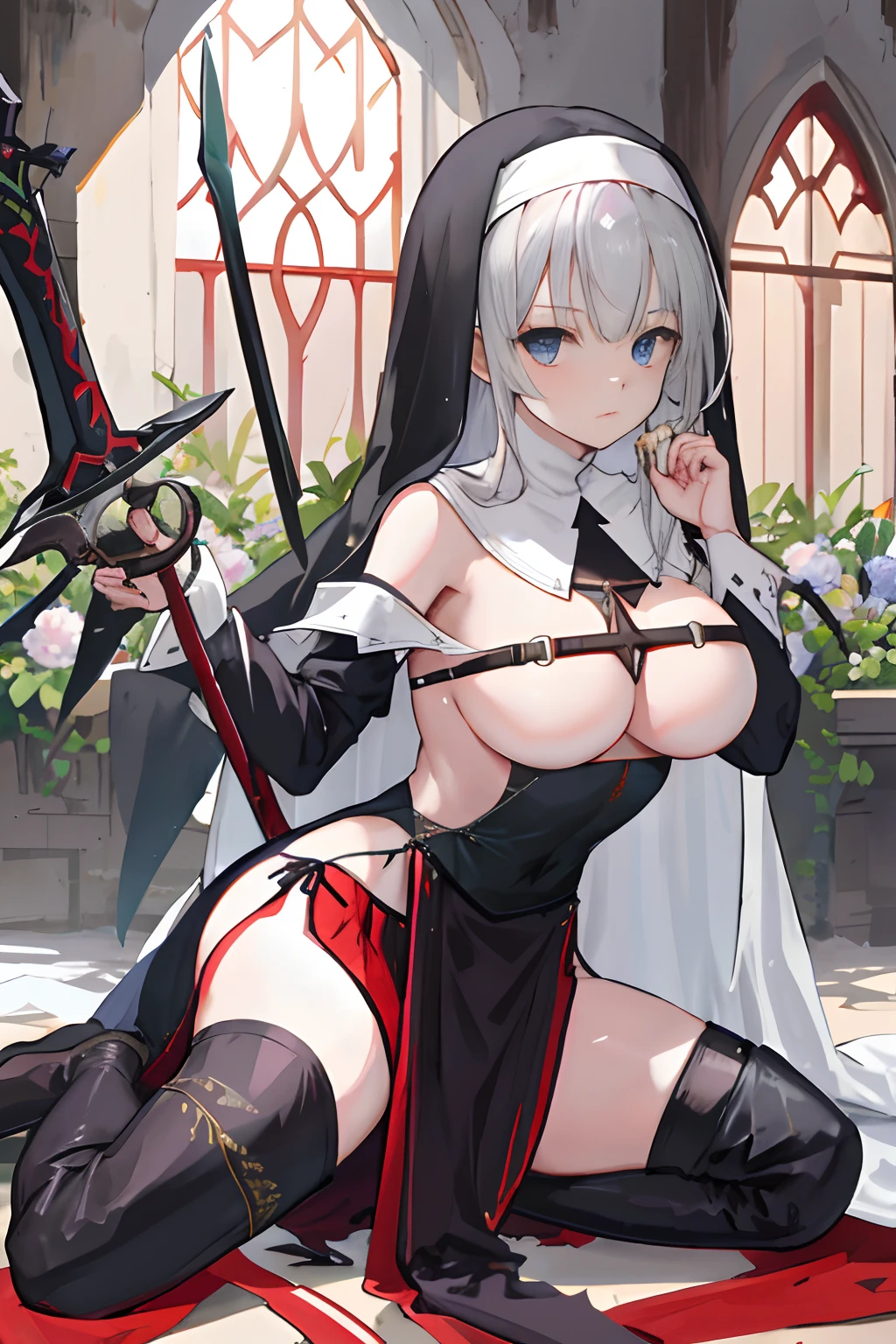 messy langerie and weapons on ground, fantasy girl, nun, decorated robe with large sideslit, mesh bodysuit, side tie panties, slit skirt, off-shoulder, (NSFW,:1.2),( slit skirt:1.4), castle saloon, long hair, thigh high boots, full breasts, {{large breasts}}, humiliated, shameful, embarrassed, glad, portrate, equip sword and shield,fc2ppv