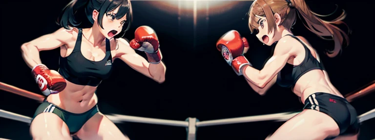 2girls,fistfighting,fighting stance,angry,masterpiece,painful,boxing panties