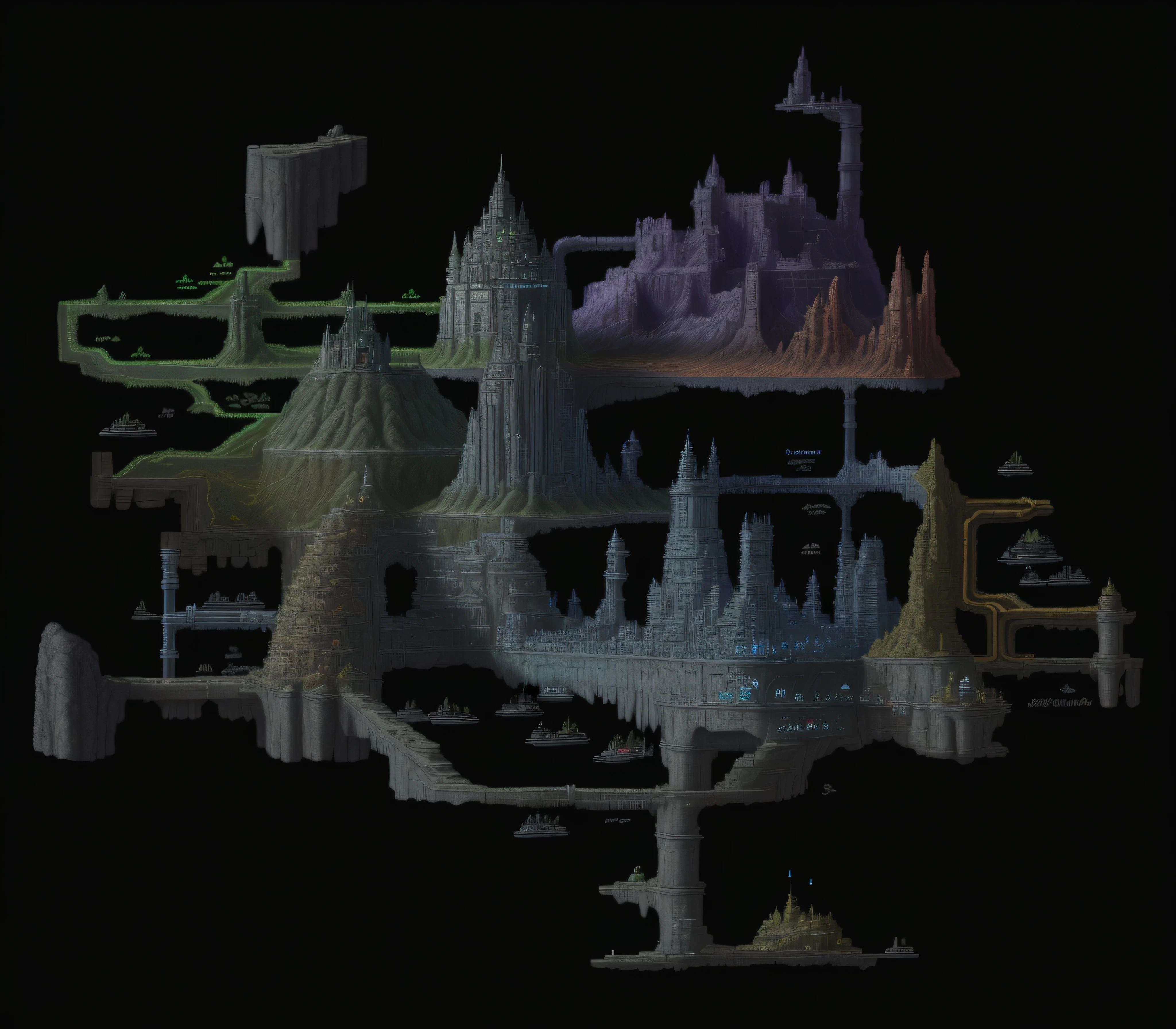 Close-up of a map of a city with a lot of pipes, dark sci - fi game map, Bloodborne chart, steam workshop maps, Source engine mapping, depth map, PlayStation 1 Era Graphics, videogame graphics, alien sedimentary schematic, 2 d depth map, Huge level structure, height map, Translucent Gribours, greebles