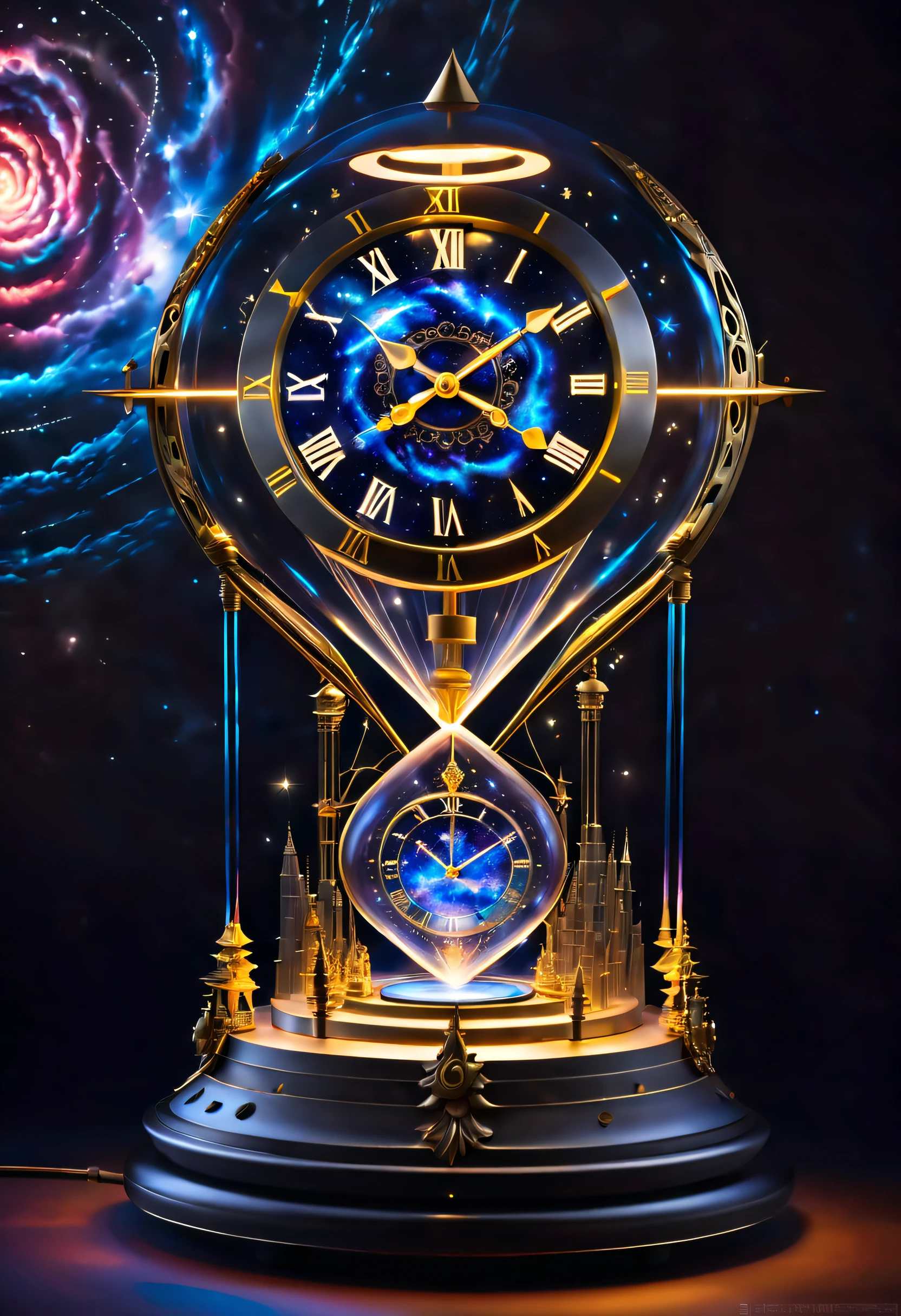 The exterior of this clock is made of a large piece of transparent crystal,The inside of the crystal seems to be inlaid with countless tiny stars and nebulae,Its shimmering light flickered to form a flowing cosmic scene。The entire clock is surrounded by a dazzling starry sky,It's like traveling through time and space,Immerse yourself in a mysterious universe。
The hands of the clock are no longer traditional mechanical structures,Instead, it consists of a miniature laser beam,Each rotation leaves a beautiful trail of light in the space。These laser hands radiate outward from the center of the clock,Like a starlight in the universe,Full of mystery and energy。The passage of time is no longer limited by the dial,Rather, it follows the flow of the laser pointer,Presents a fantastic visual effect,It makes people feel the flow of time and the rhythm of the universe。
The base of the clock is made of futuristic technical materials,It's like a fascinating cosmic base,It is covered with glowing LED installations,It's like a star-crossed city。Every time the clock starts or chimes,The LED lights on the base will show a colorful light and shadow,It is as beautiful and mysterious as a nebula,It makes you feel as if you have traveled to another dimension,clock,IvoryGoldAI