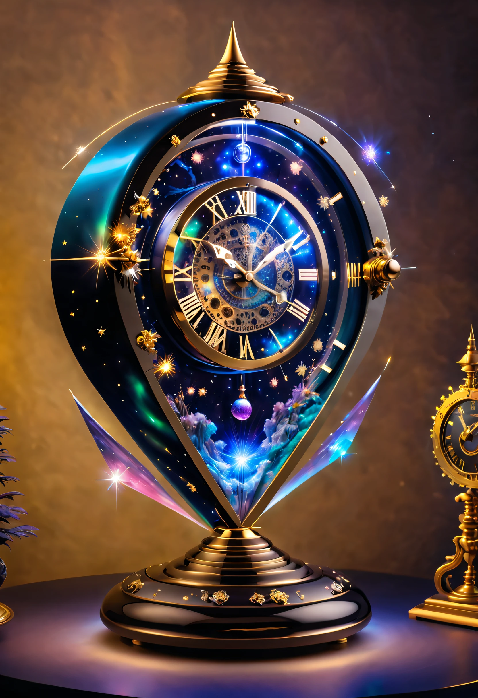 The exterior of this clock is made of a large piece of transparent crystal，The inside of the crystal seems to be inlaid with countless tiny stars and nebulae，Its shimmering light flickered to form a flowing cosmic scene。The entire clock is surrounded by a dazzling starry sky，It's like traveling through time and space，Immerse yourself in a mysterious universe。

The hands of the clock are no longer traditional mechanical structures，Instead, it consists of a miniature laser beam，Each rotation leaves a beautiful trail of light in the space。These laser hands radiate outward from the center of the clock，Like a starlight in the universe，Full of mystery and energy。The passage of time is no longer limited by the dial，Rather, it follows the flow of the laser pointer，Presents a fantastic visual effect，It makes people feel the flow of time and the rhythm of the universe。

The base of the clock is made of futuristic technical materials，It's like a fascinating cosmic base，It is covered with glowing LED installations，It's like a star-crossed city。Every time the clock starts or chimes，The LED lights on the base will show a colorful light and shadow，It is as beautiful and mysterious as a nebula，It makes you feel as if you have traveled to another dimension，clock，IvoryGoldAI