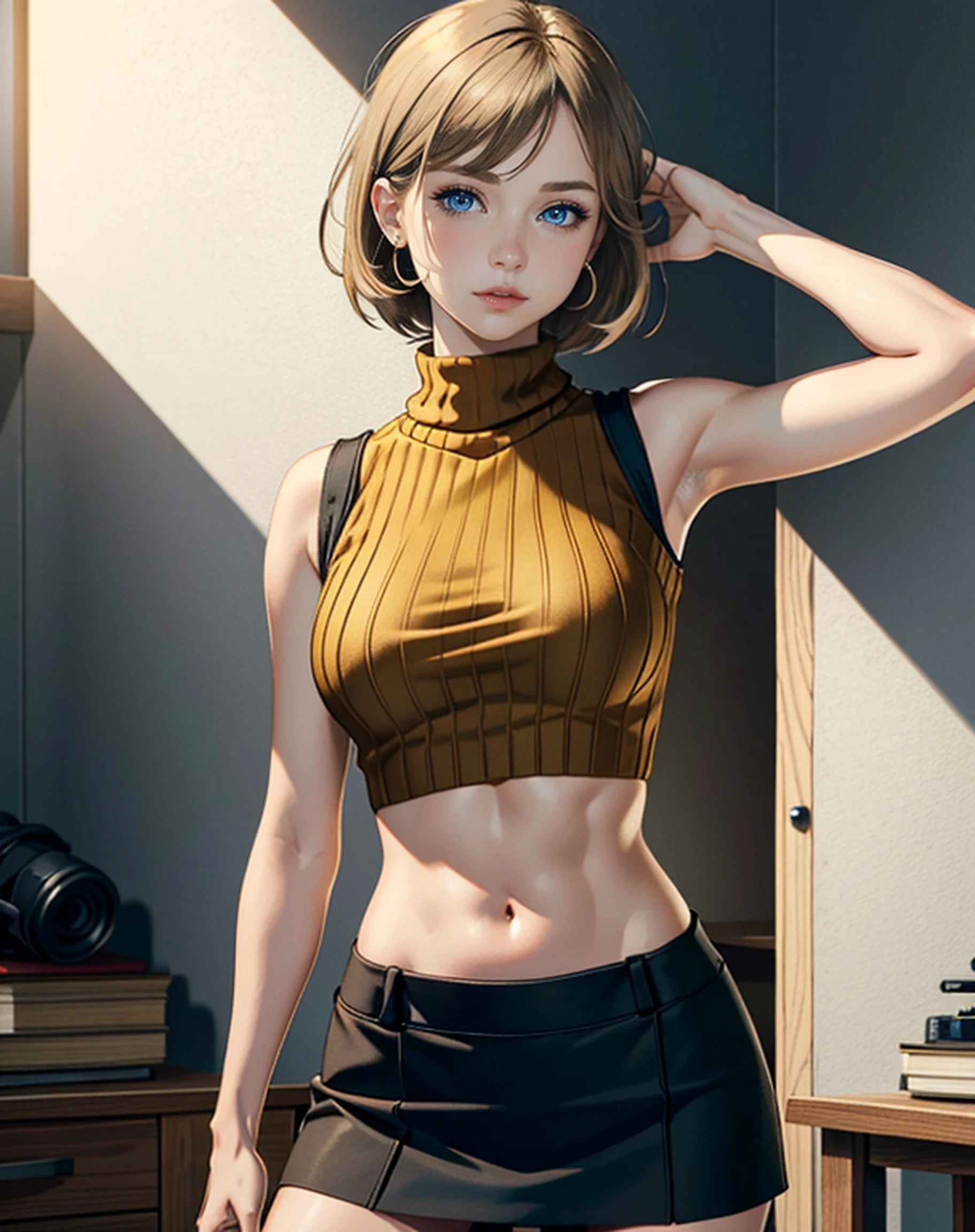 (masterpiece, best quality), 1girl, AshleyGrahamRE, solo, looking at viewer, short hair, blue eyes, mini skirt, short skirt, shirt, bare shoulders, medium breasts, against wall, closed mouth, pantyhose, sleeveless, blonde hair, sweater, plaid, black pantyhose, turtleneck, plaid skirt, bob cut, green skirt, ribbed sweater, realistic, nose, sleeveless turtleneck, orange shirt, sleeveless sweater, orange sweater, crop sweater, beautiful belly,abs,shaved armpits,(abs,muculature):1.2, in abandoned hut, abandoned village,