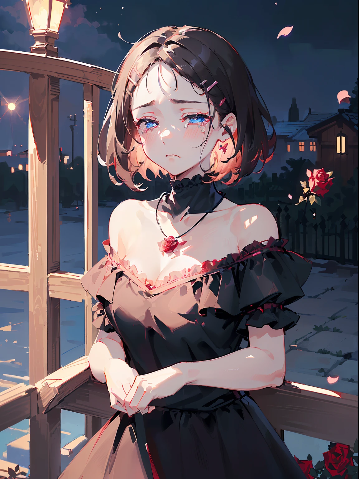 ((((Staring,Slightly sad,tearing,half closed eyes,))))((Singing,standing microphones,))(Masterpiece illustration,Beautiful and aesthetic:1.2,Target the audience,From below), Best quality,Top quality, Epic quality,((((Fence wall,Rose,En plein air,))))(Moonlight,Moon glare, god light,))Neat face,underage,mature,Beautiful detailed hair,Brown hair,hyper HD, retinas, Textured skin, A high resolution, 16k ,((hair pin,Forehead,side locks,Short hair,Large bow in hair)),Detailed face, 1JK, Lady,Solo, Perfect face, Very amazing girl,((cropped shoulders,Black T-shirt,frilld,Ruby necklace)),rim-light