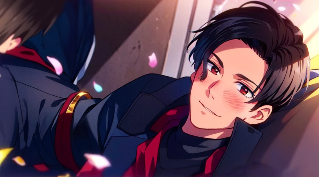 masterpiece, (1Boy), luci, red eyes, black hair, look at viewer, blush, giving chocolate blue box