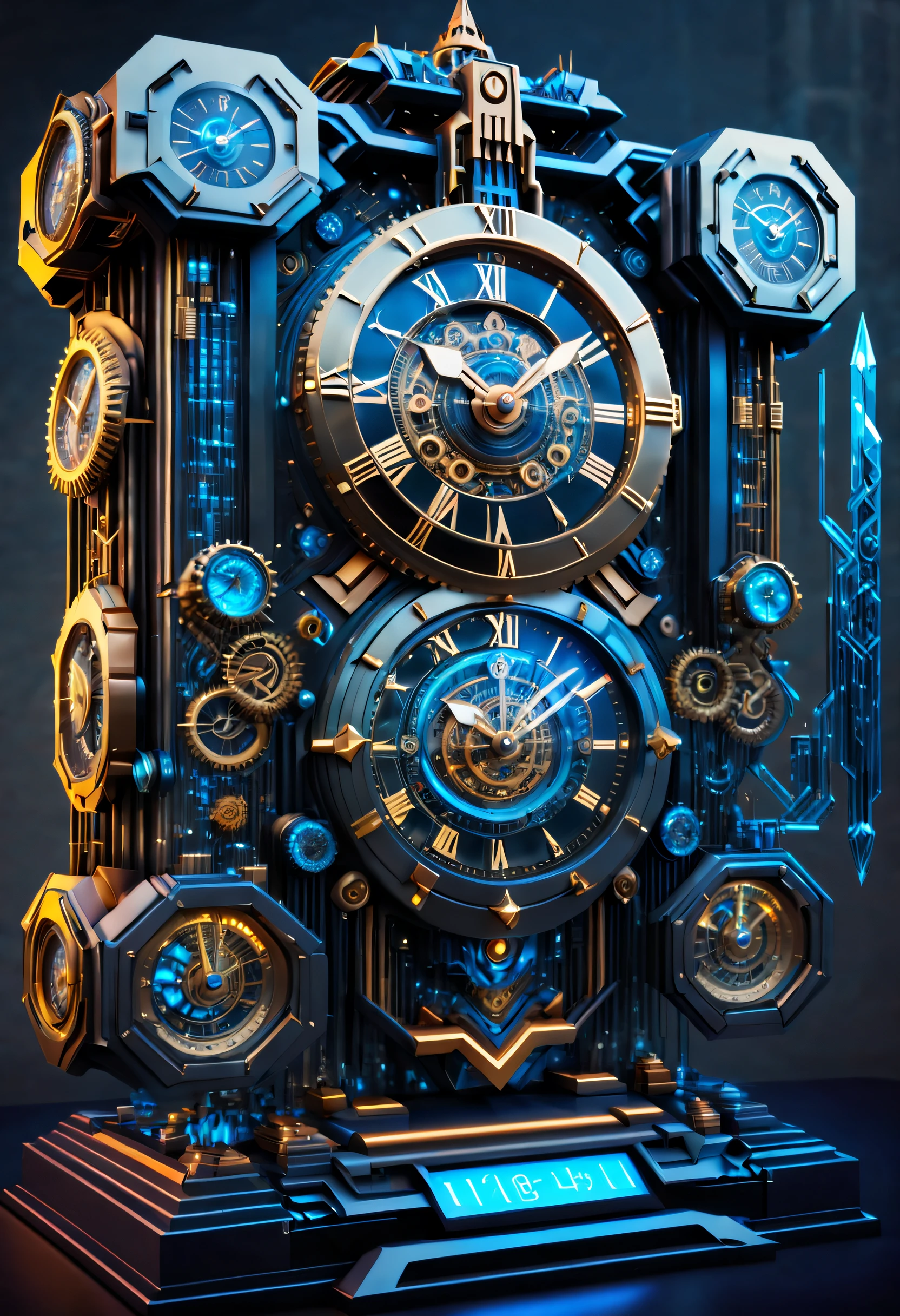 The clock of the future, (Except for the clock,Nothing),(No Man), (A complex futuristic clock made by a Cybertron mech,The head of the mecha is engraved on the clock,The entire clock is made of titanium and crystal glass construction,Sci-fi from start to finish,Details with metallic ice texture,Mechanical technology process manufacturing of the future,metallic luster,Icy mechanical line beauty, Unix terminals, Mono Color, Clean user interface with high contrast, Concise background,Clock Ads,Time Lord's clock), Colorful colorful, luxury goods,(Positive image, product-view), solofocus,(tmasterpiece), high qulity,1.4 times real, Simple icons, art stations,clock,IvoryGoldAI