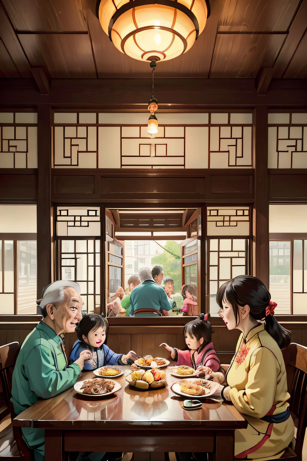 Chinese big breasts，A family reunion during the Spring Festival，6 people，Dinner，【【Three generations of grandchildren】】，jubilation，【 【Anime comic style】】【a warm color palette】【gentlesoftlighting】【Interior of a modern Chinese building】，A old man，child