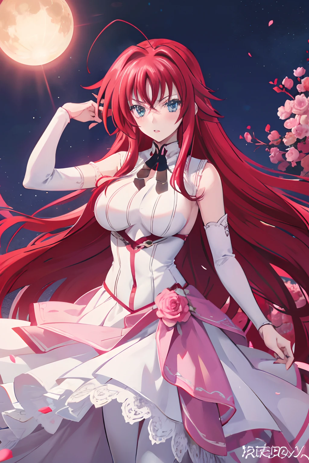 realistic, 1girl, rias gremory, red hair, white hair, Blue eyes, glowing eyes, White and pink wedding gown, Red skirt, Pink pantyhose ,parted lips, blush, night, flowers, sun, sunlight,