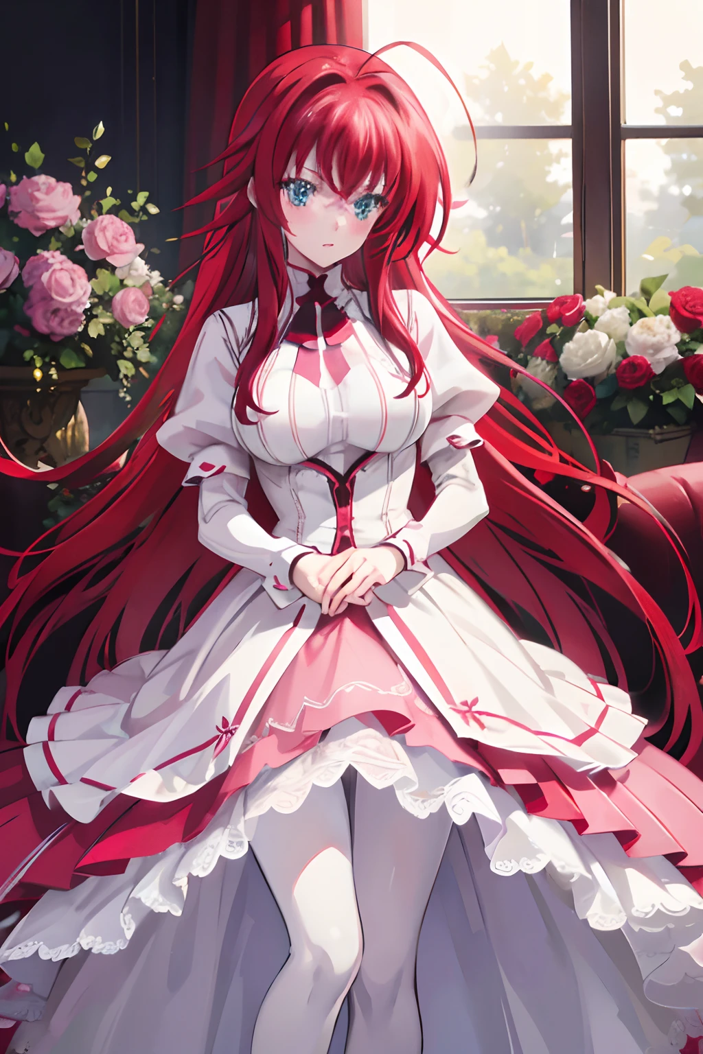 realistic, 1girl, rias gremory, red hair, white hair, Blue eyes, glowing eyes, White and pink wedding gown, Red skirt, Pink pantyhose ,parted lips, blush, night, flowers, sun, sunlight,