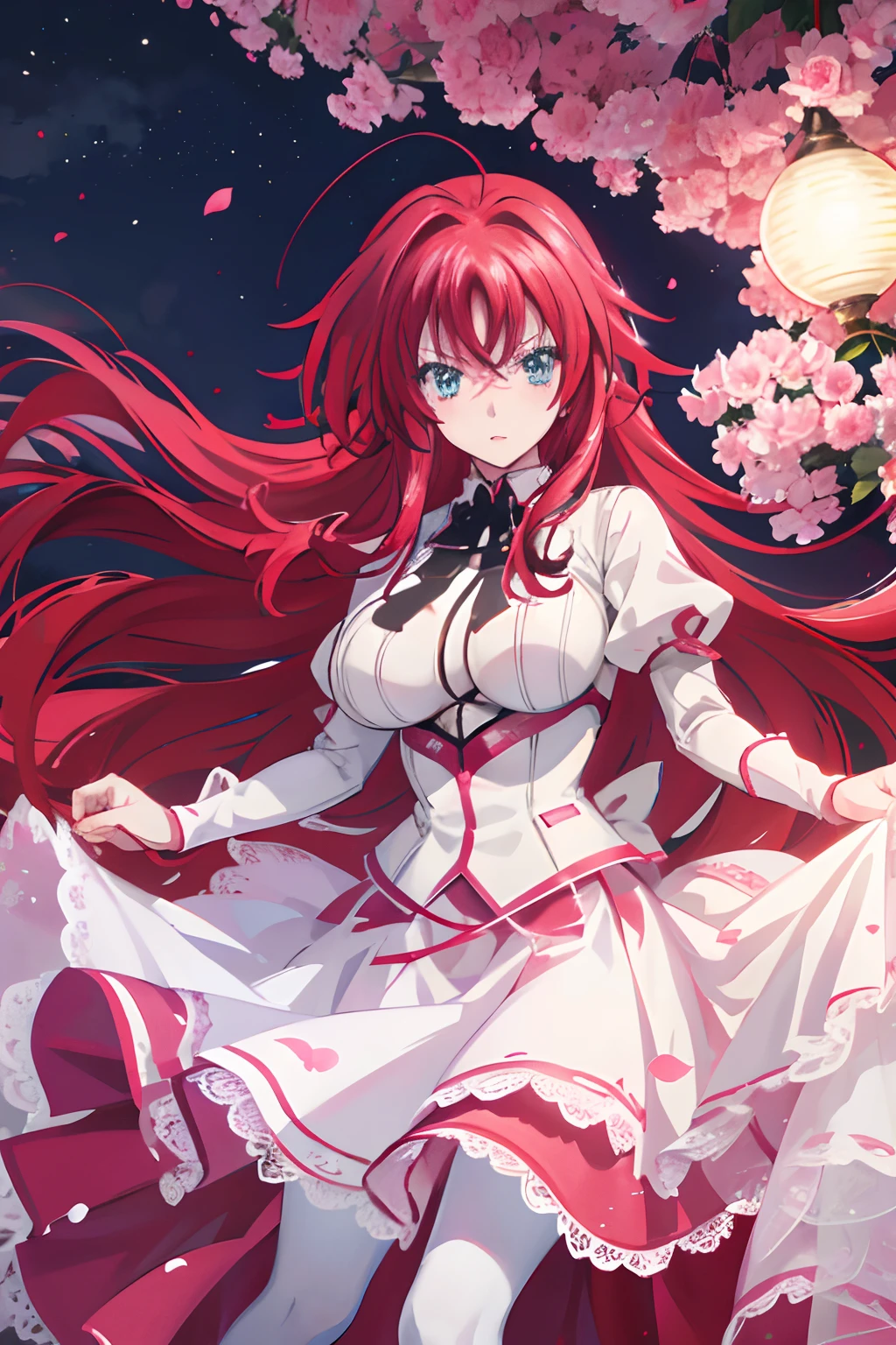 realistic, 1girl, rias gremory, red hair, white hair, Blue eyes, glowing eyes, White and pink wedding gown, Red skirt, Pink pantyhose ,parted lips, blush, night, flowers, sun, sunlight,