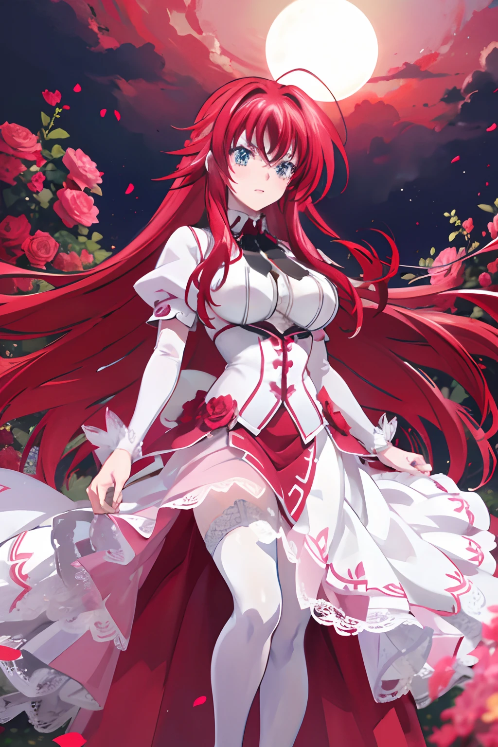 realistic, 1girl, rias gremory, red hair, white hair, Blue eyes, glowing eyes, White and pink wedding gown, Red skirt, Pink pantyhose ,parted lips, blush, night, flowers, sun, sunlight,