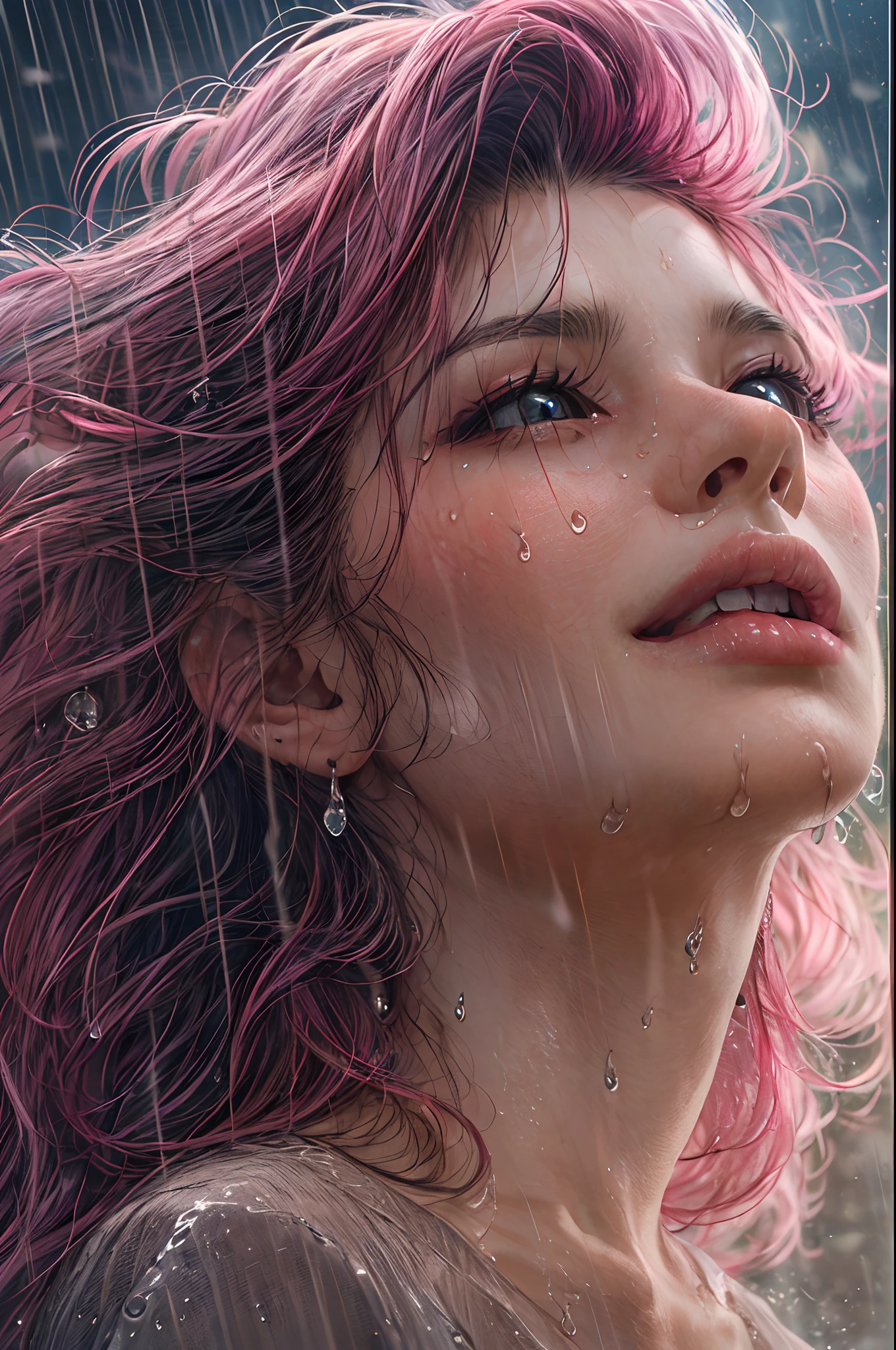 a close up picture of a woman's face looking towards the sky, as she looks up the (rain drops: 1.3) fall on her face, a very beautiful woman, long hair, pink hair, wavy hair, (elegant make up: 1.3) wet hair, closed eyes, she wears an elegant, intricate dress, there is a sense of joy on her face, an urban street at night. cloudy night, horns