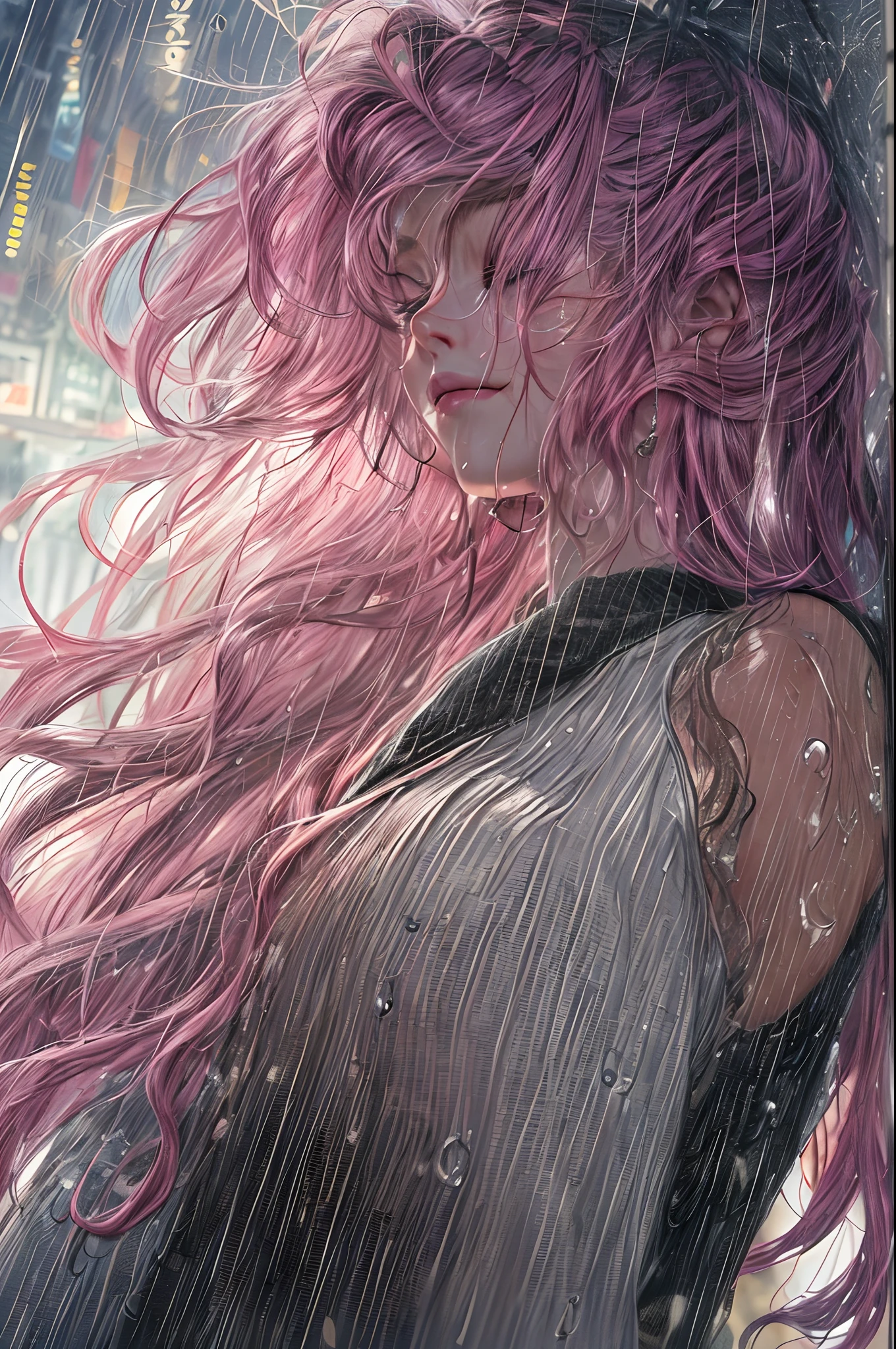 a close up picture of a woman's face looking towards the sky, as she looks up the (rain drops: 1.3) fall on her face, a very beautiful woman, long hair, pink hair, wavy hair, (elegant make up: 1.3) wet hair, closed eyes, she wears an elegant, intricate dress, there is a sense of joy on her face, an urban street at night. cloudy night, horns