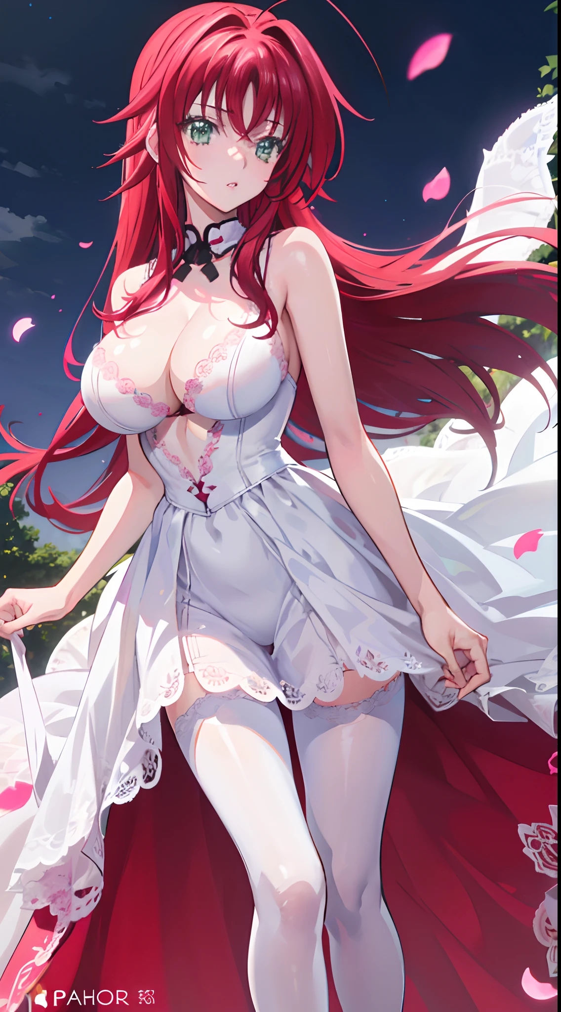 realistic, 1 girl, rias gremory, red hair, white hair, green eyes, light eyes, white and pink wedding dress, red dress, pink tights, parted lips, pink cheeks, night, flower, sun, sunlight,(thin breasts), breast augmentation, beautiful breasts, cleavage, exposed , (best quality 4k)