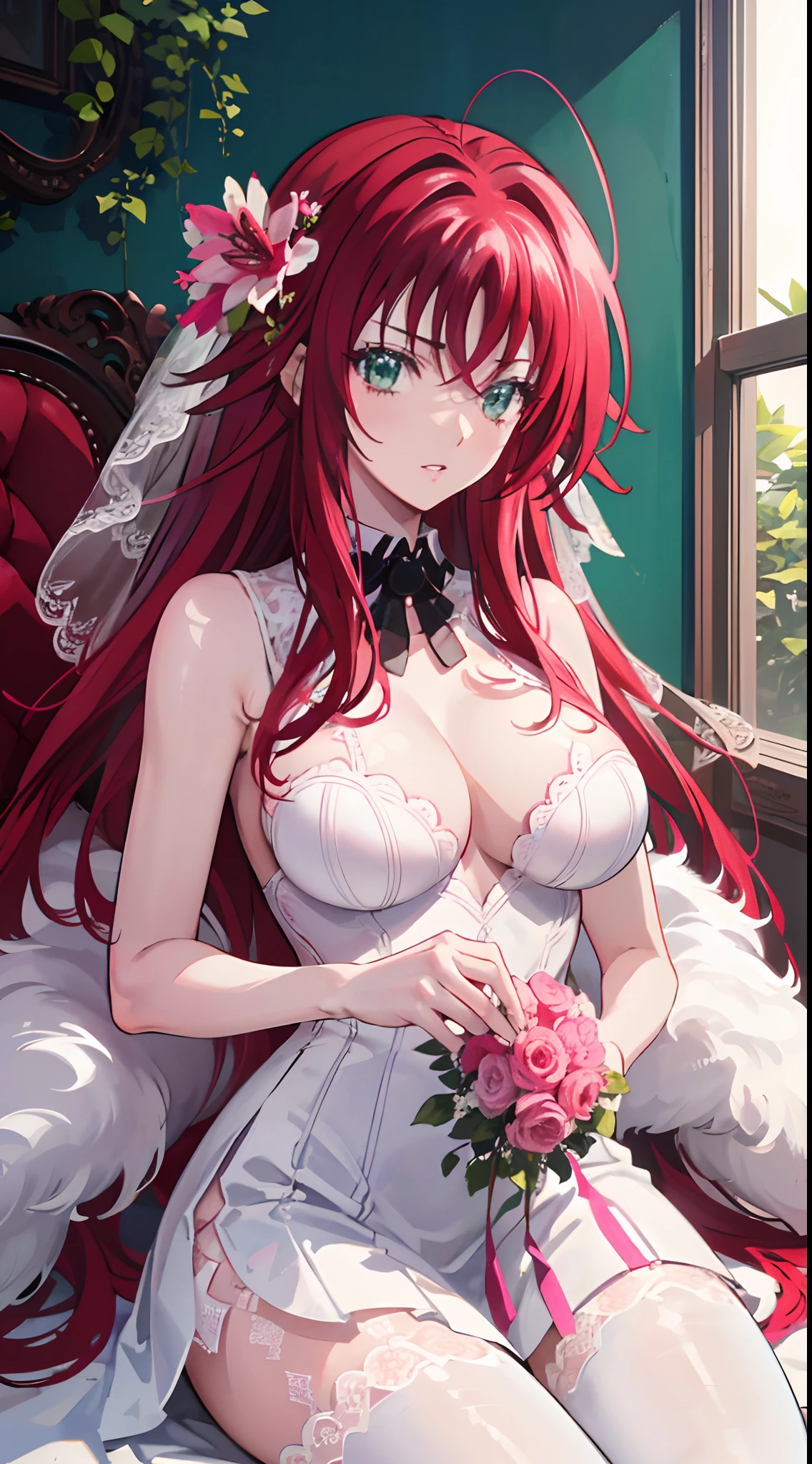 realistic, 1 girl, rias gremory, red hair, white hair, green eyes, light eyes, white and pink wedding dress, red dress, pink tights, parted lips, pink cheeks, night, flower, sun, sunlight,(thin breasts), breast augmentation, beautiful breasts, cleavage, exposed , (best quality 4k)