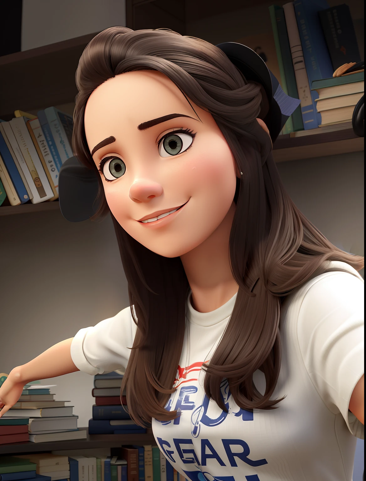 Uma mulher branca, 24 anos, magra, fine strokes, com franjinha, cabelo grande liso e castanho, olhos castanhos, parada na frente, usando roupa elegante, segurando o livro orgulho e preconceito, illuminated by the light of a lamp, contra o pano de fundo de uma biblioteca, alta qualidade