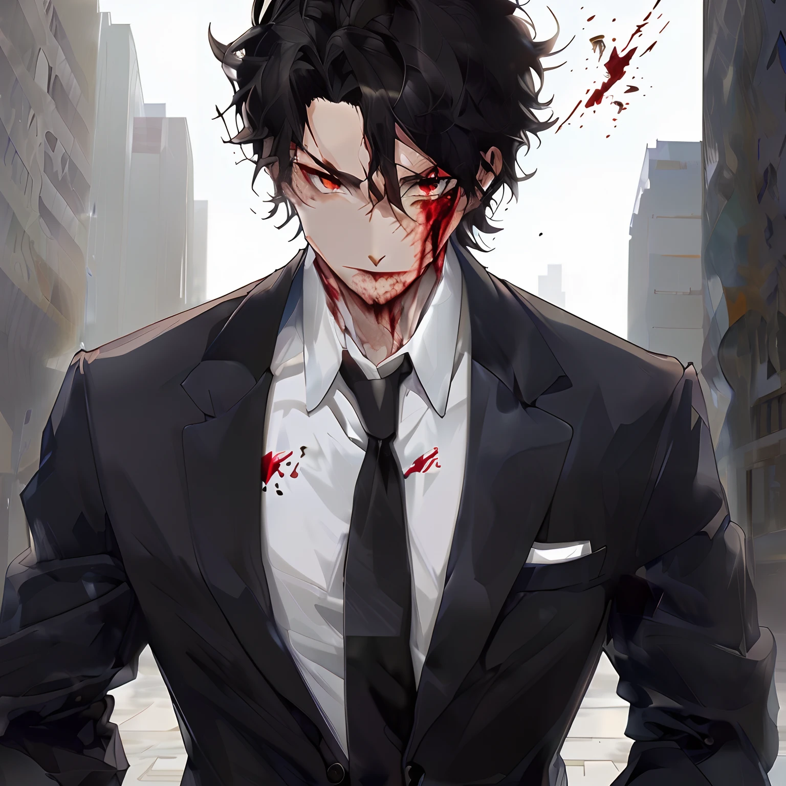 A man with black hair, black eyes, a sadistic face, mouth full of blood. There was blood all over his body, holding a kitchen knife, wearing a chef's uniform. The person standing next to him was a man with brown hair and brown eyes, his face looking frightened. wearing a black suit