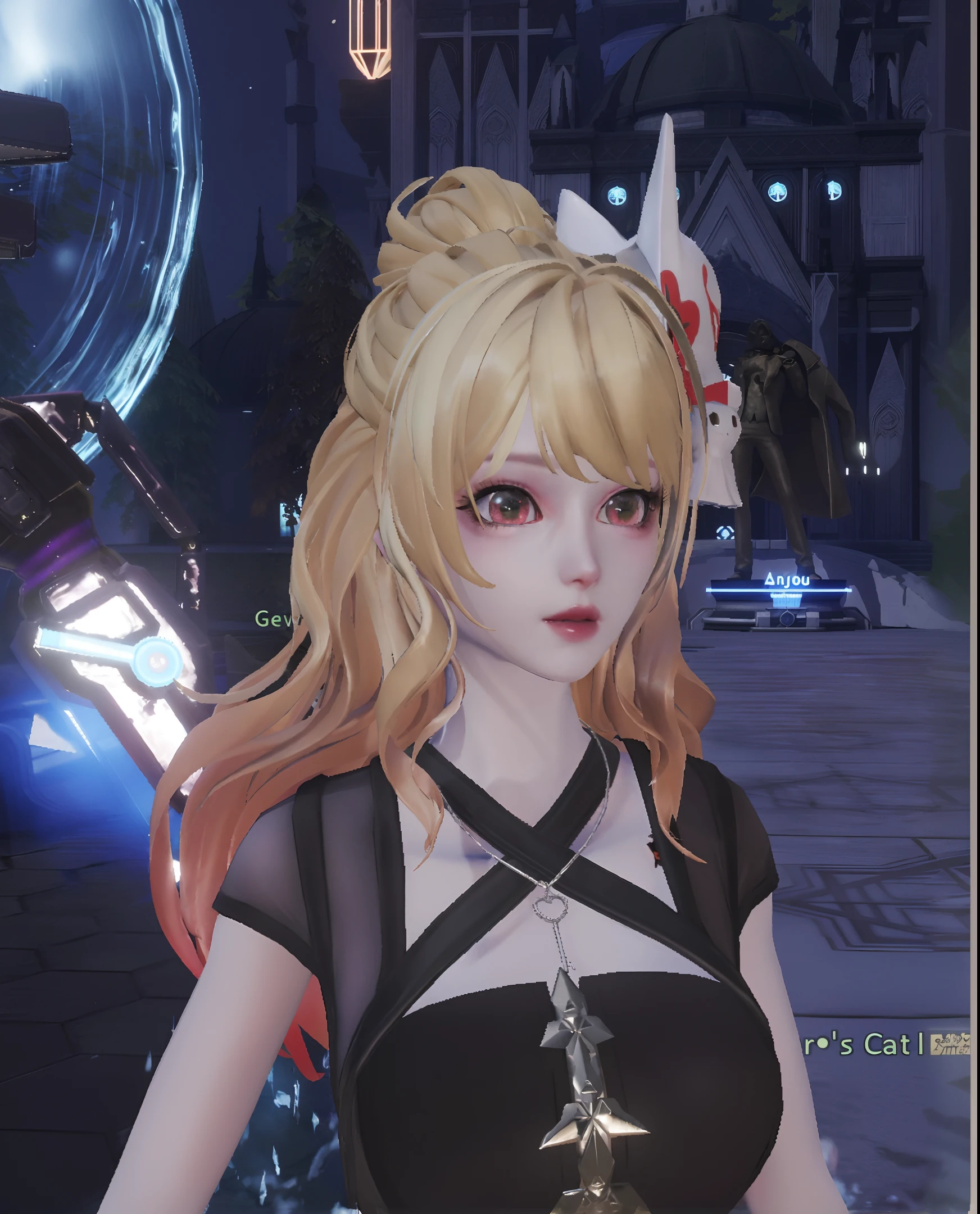 anime girl with blonde hair and black dress standing in front of a car, 8 k character details, ayaka game genshin impact, from the azur lane videogame, pink twintail hair and cyan eyes, holy cyborg necromancer girl, new character, ayaka genshin impact, azur lane style, character close up, close up character