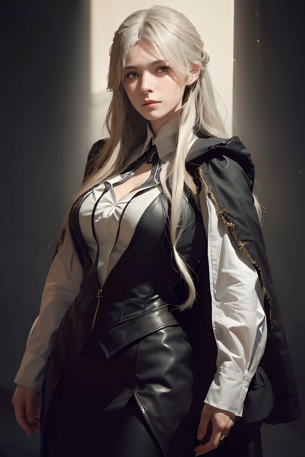 (in the dark:1.6), Hyperrealist portrait of female by david hockney and alphonse mucha,fantasy art, photo realistic, dynamic lighting, artstation, poster, volumetric lighting, very detailed faces, 4 k, award winning,, 1girl, in the dark, deep shadow, low key,cowboy shot,(official clothing:1.4) ,long hair,white hair,