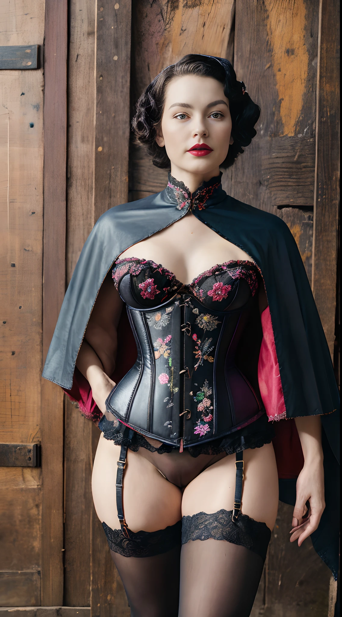 (master piece :1.2), Milf , Retro Lingerie, bas, Corset embroidered with colors , dark and mysterious, of mesmerizing beauty, longue cape bottes de cuir, bas vintage , fluide, Embroidered patterns, cuir ancien, Vintage 40's Worn Lingerie